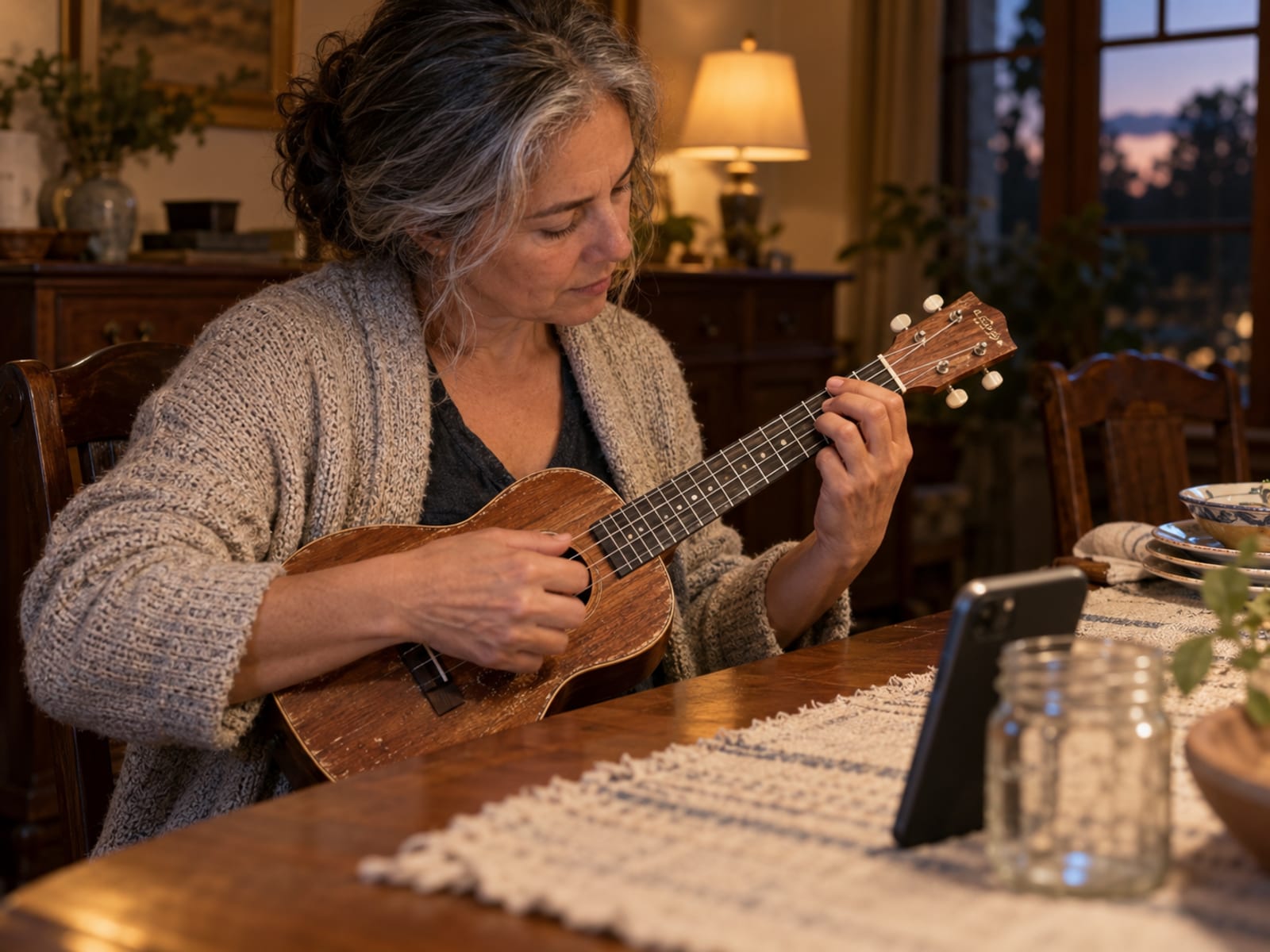 Una mujer practicando algunos acordes en un ukelele en la mesa después de cenar