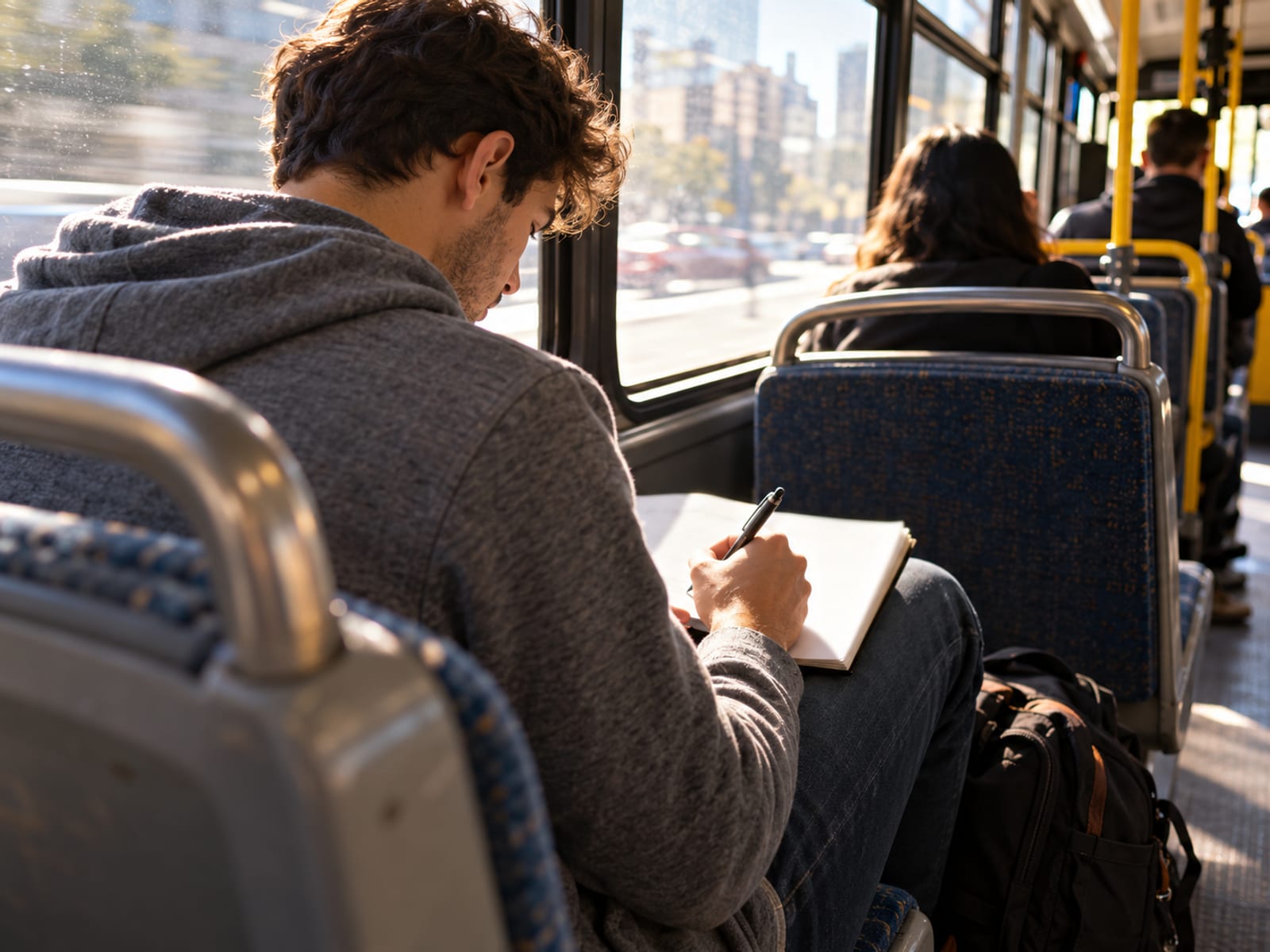 Un joven escribiendo en una libreta pequeña en el autobús