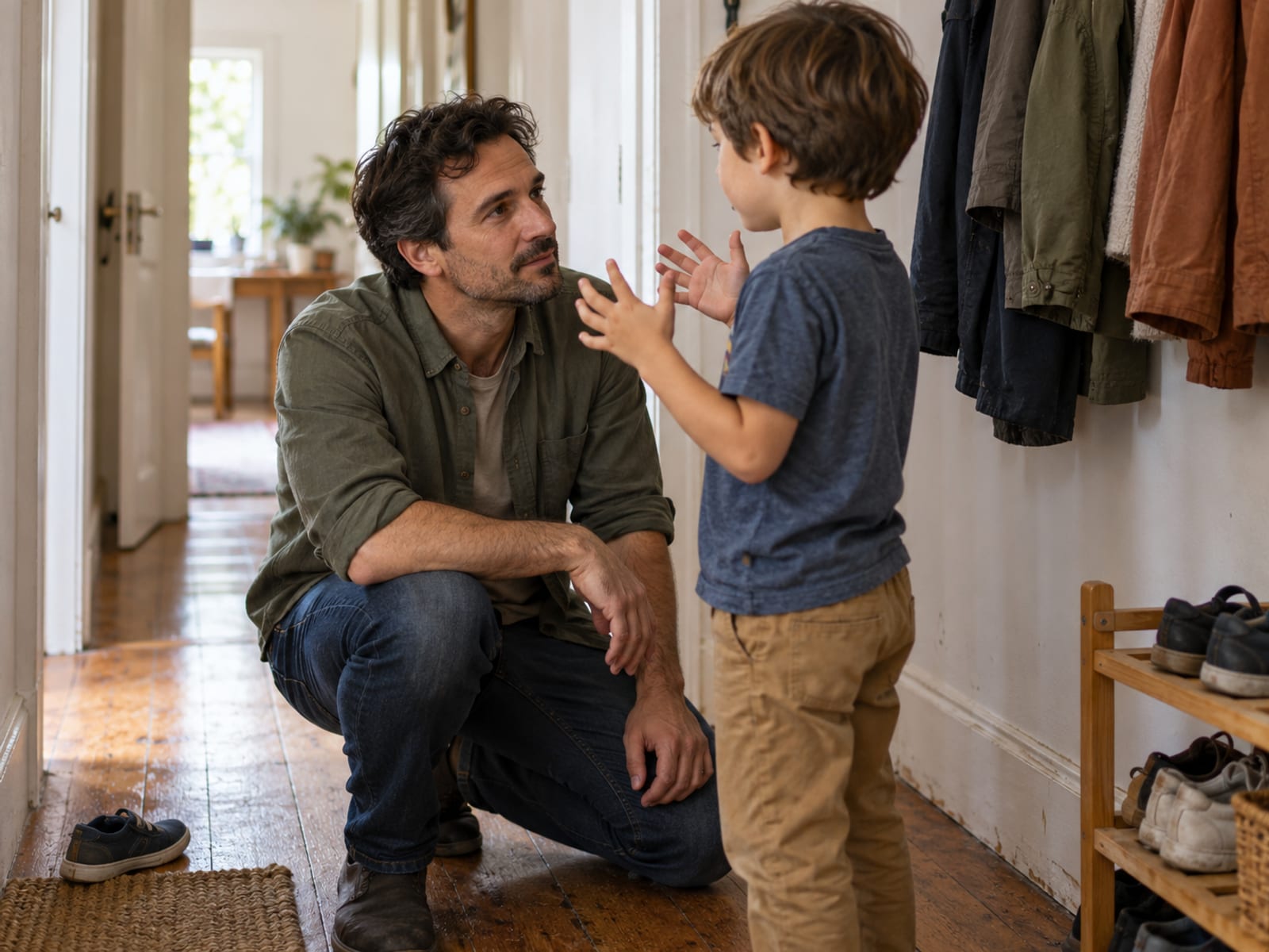 A father kneeling to listen closely to his young son