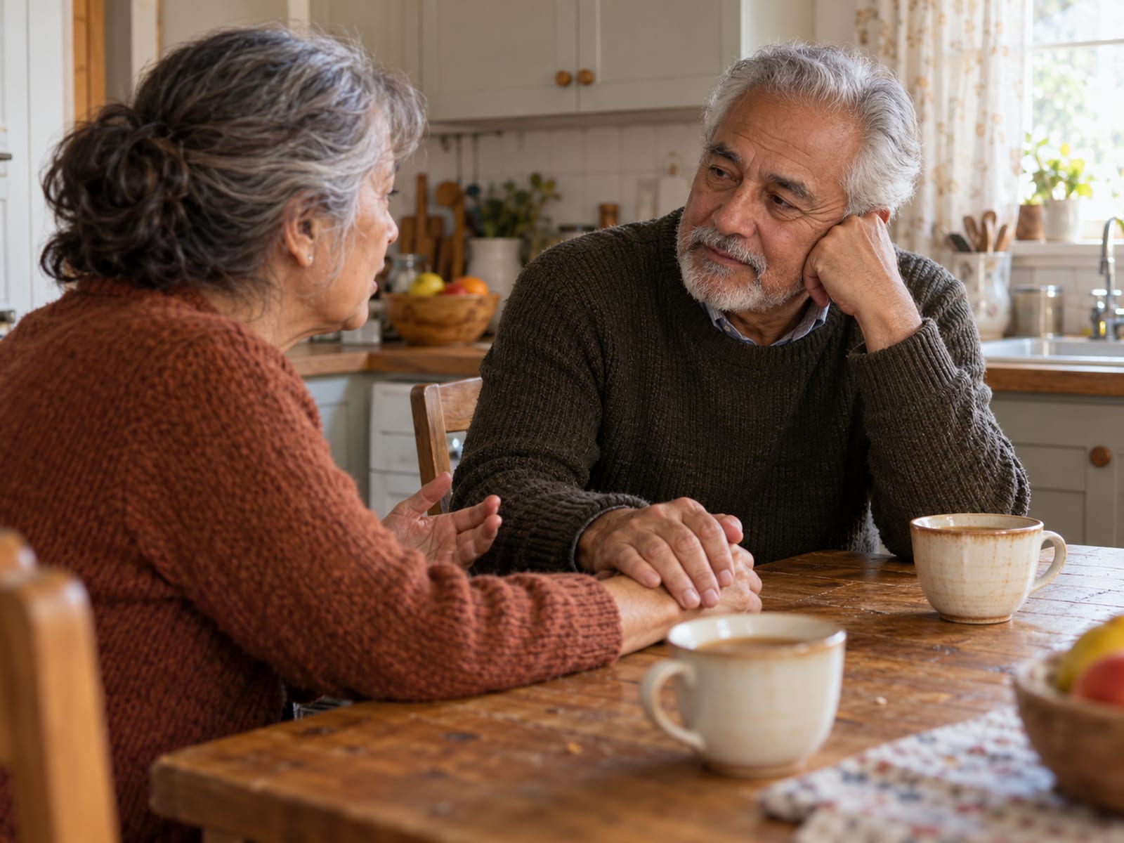An older couple listening to each other at the kitchen table