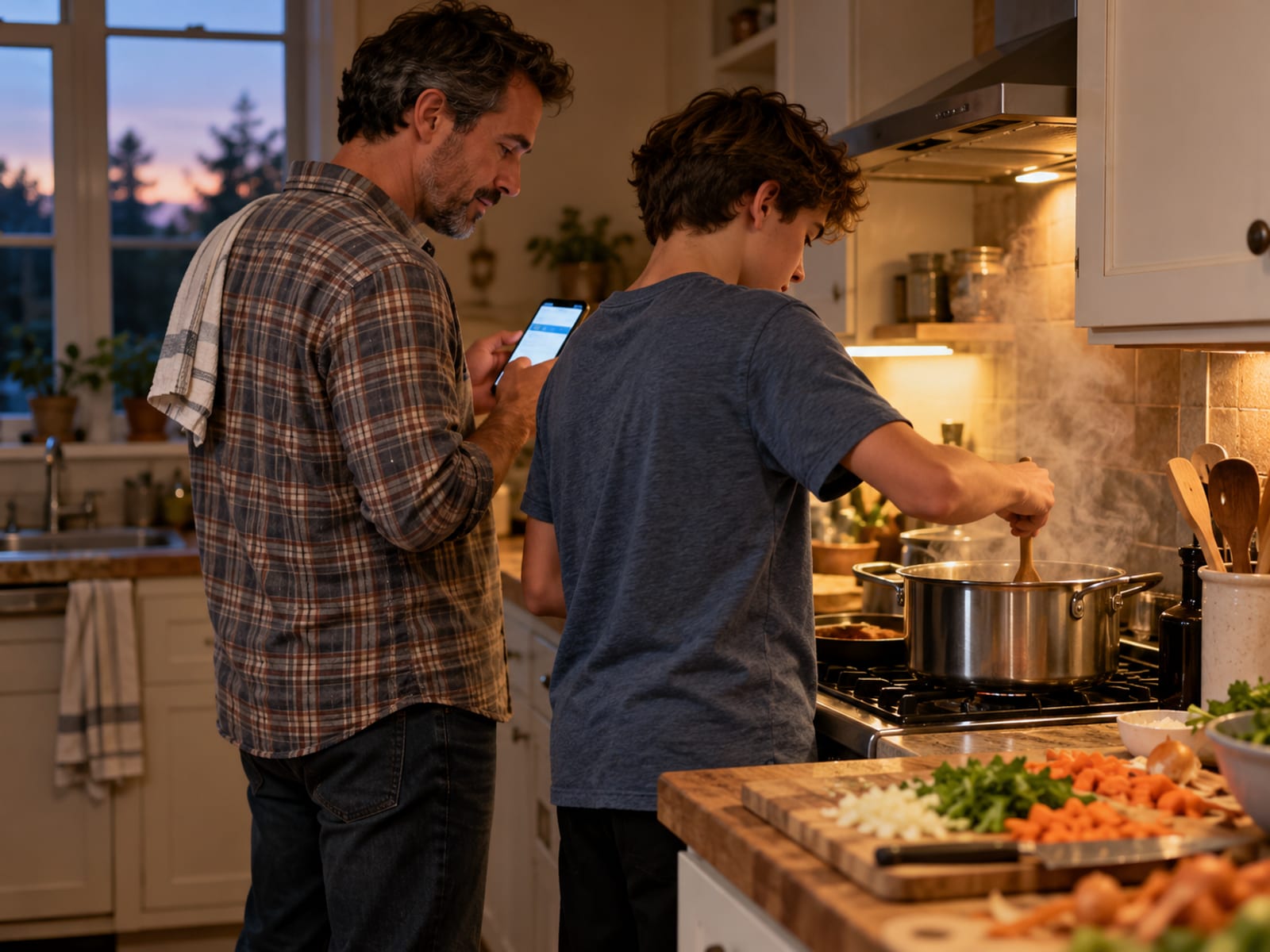 Un padre y su hijo adolescente cocinando juntos con una receta