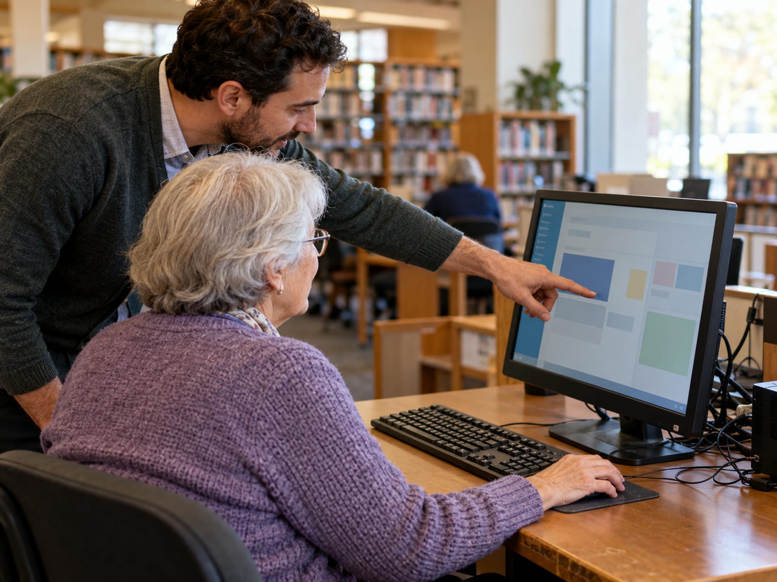 Una mujer jubilada aprendiendo un programa de computadora con una bibliotecaria