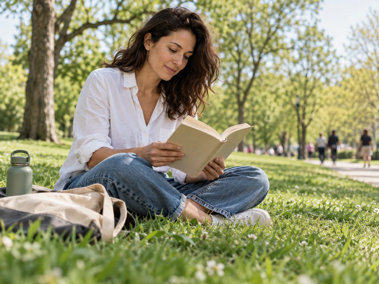 A woman relaxing with a book in the park on a weekend