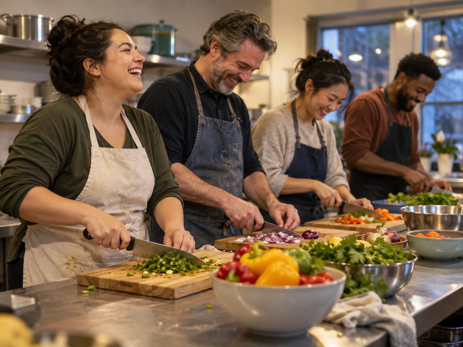 Adults chatting and laughing in a community cooking class