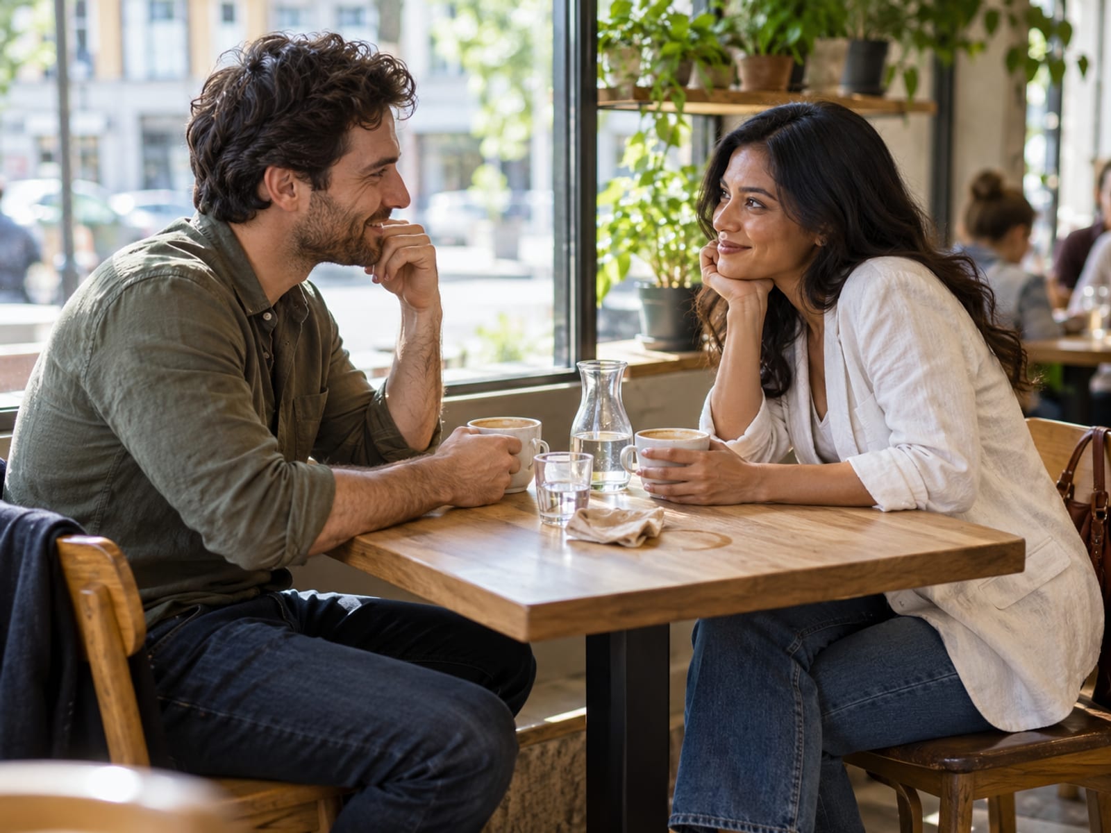 Two people meeting for coffee at a bright café