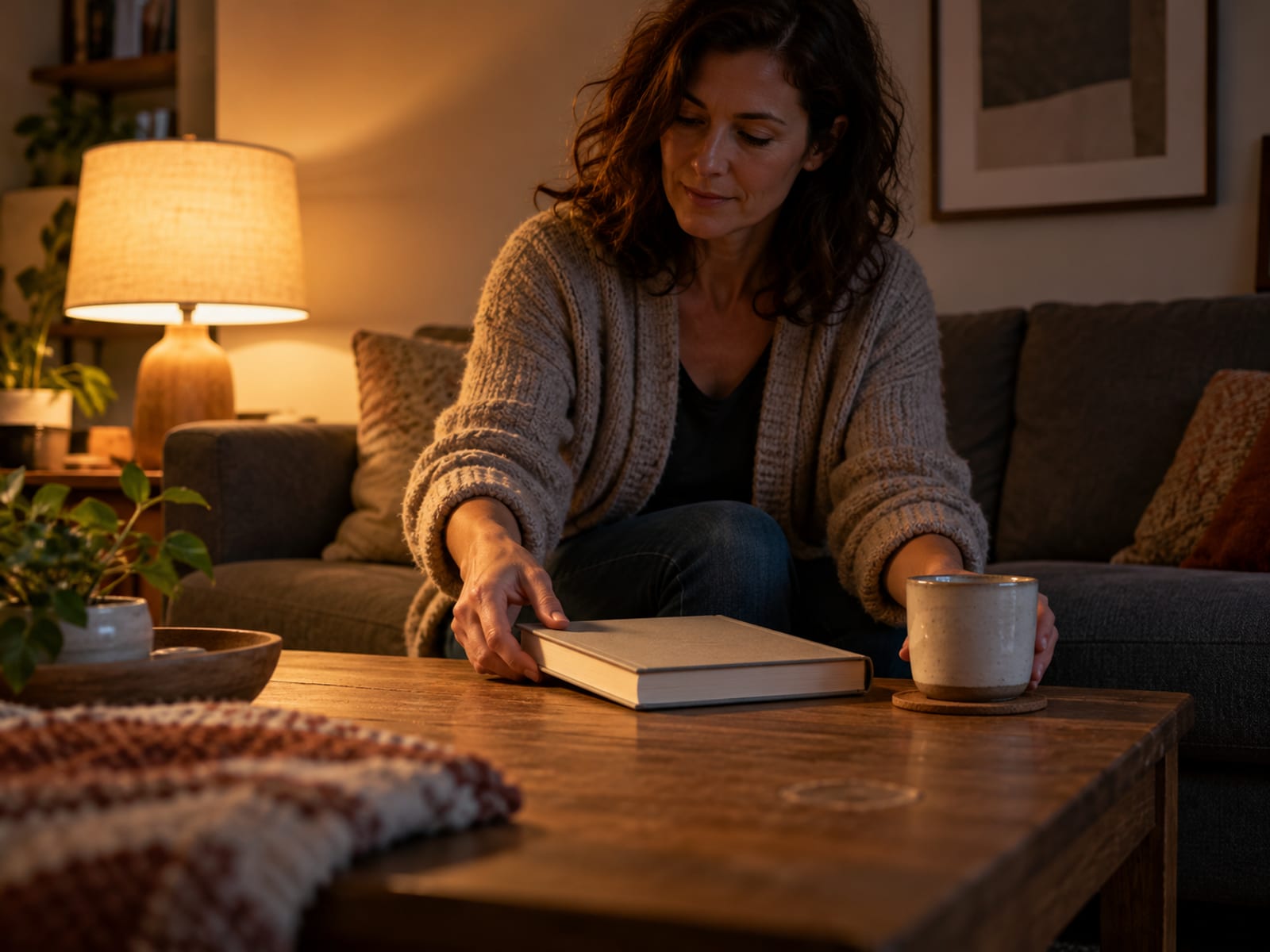 Una mujer dejando listos un libro y una taza la noche anterior