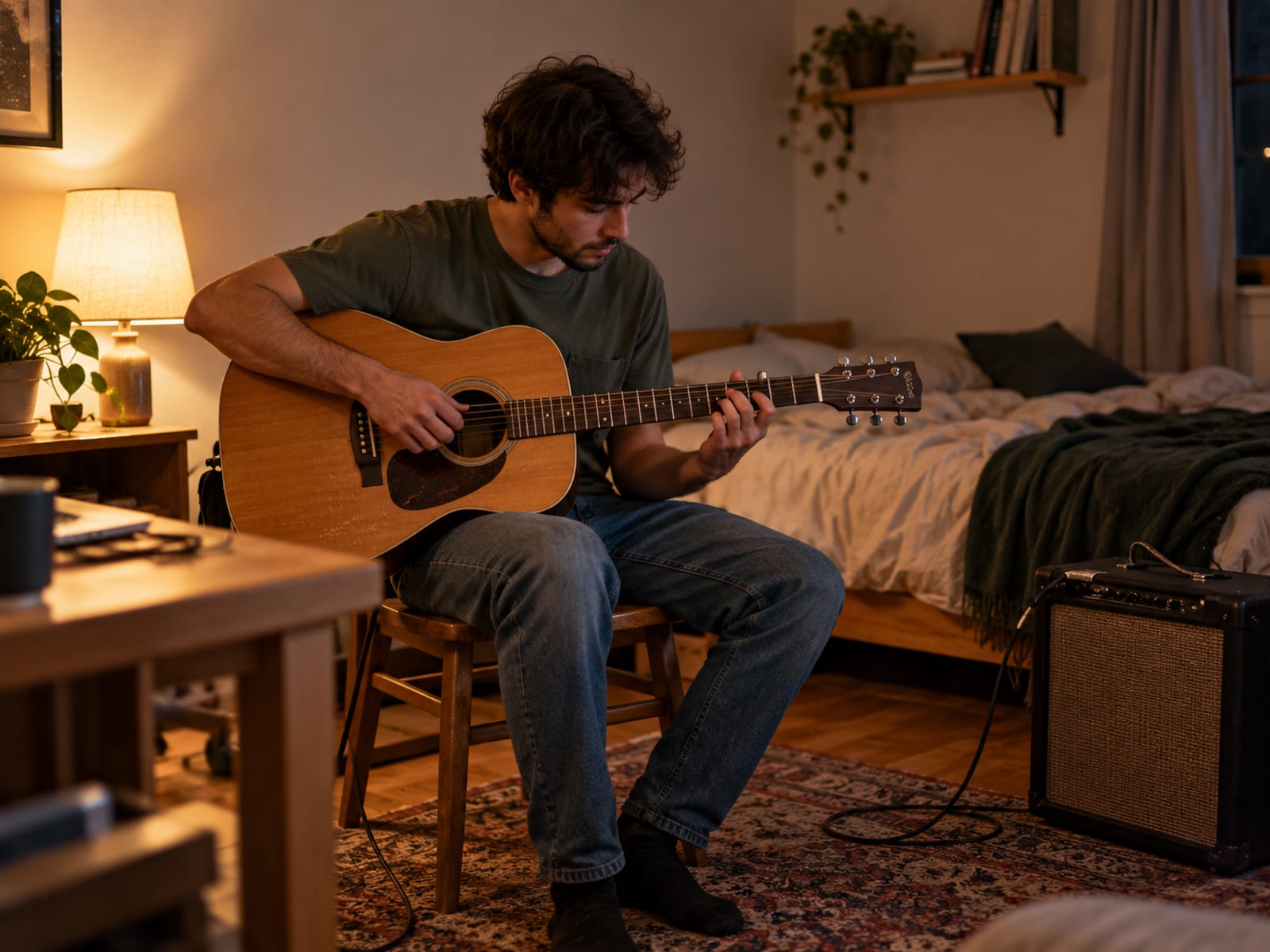 Un joven practicando guitarra en su cuarto entre semana