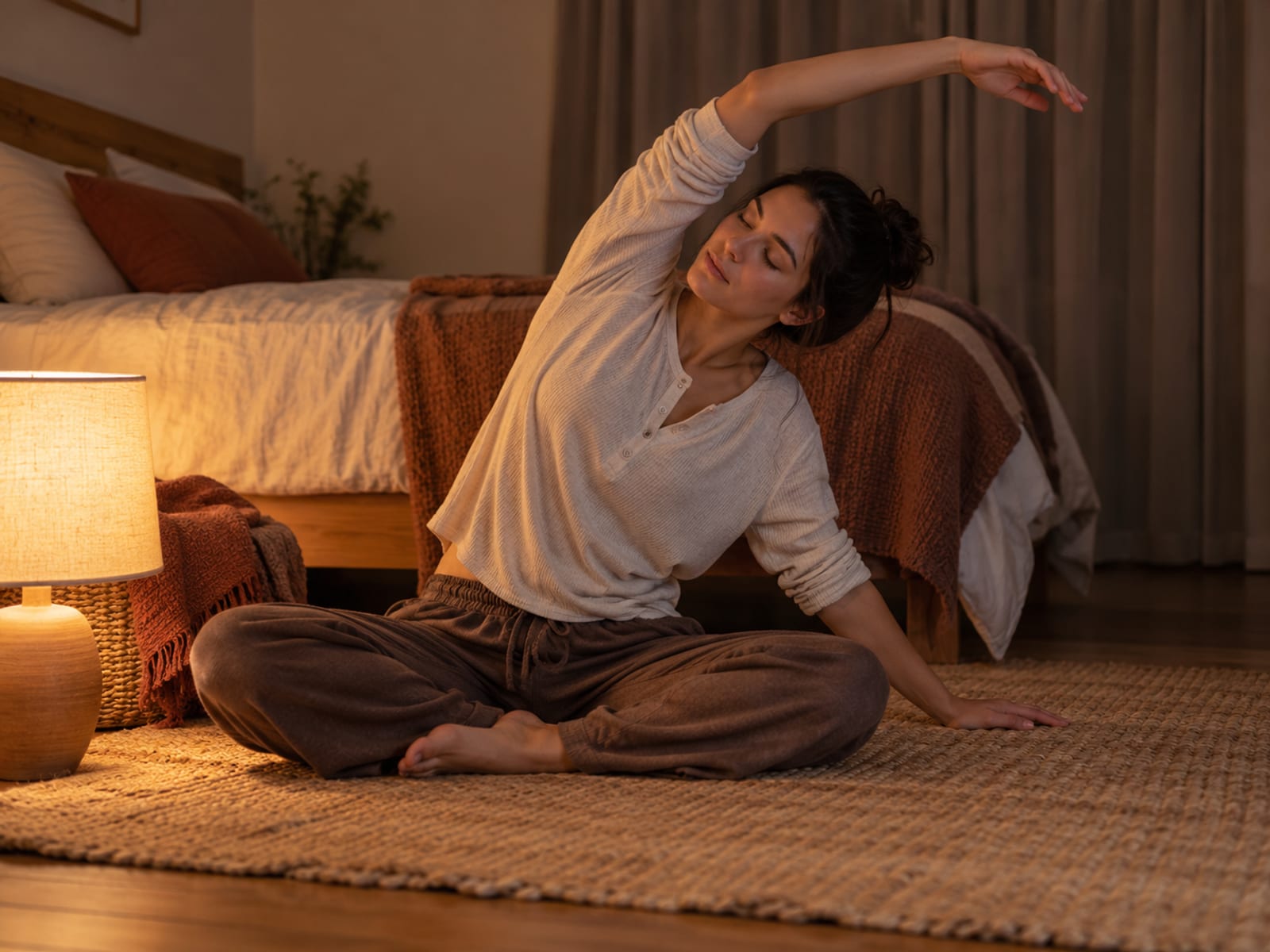 A young woman doing a gentle stretch before bed