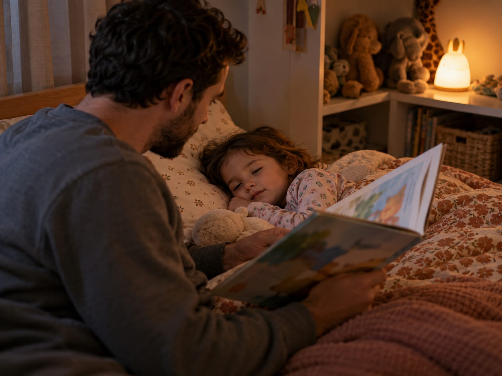 A father reading a bedtime story to his sleepy child