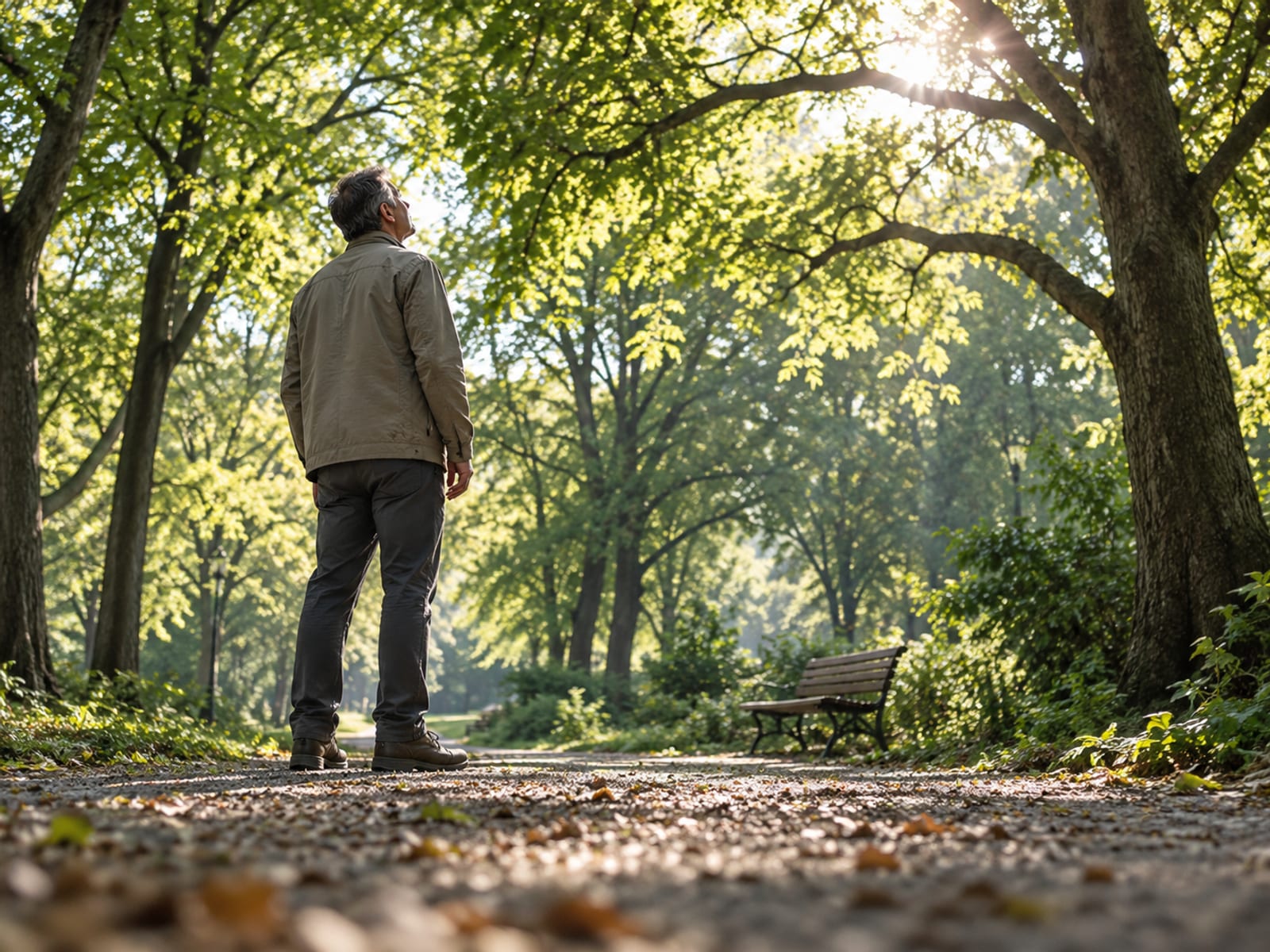 A man pausing on a morning walk to notice the light through the trees