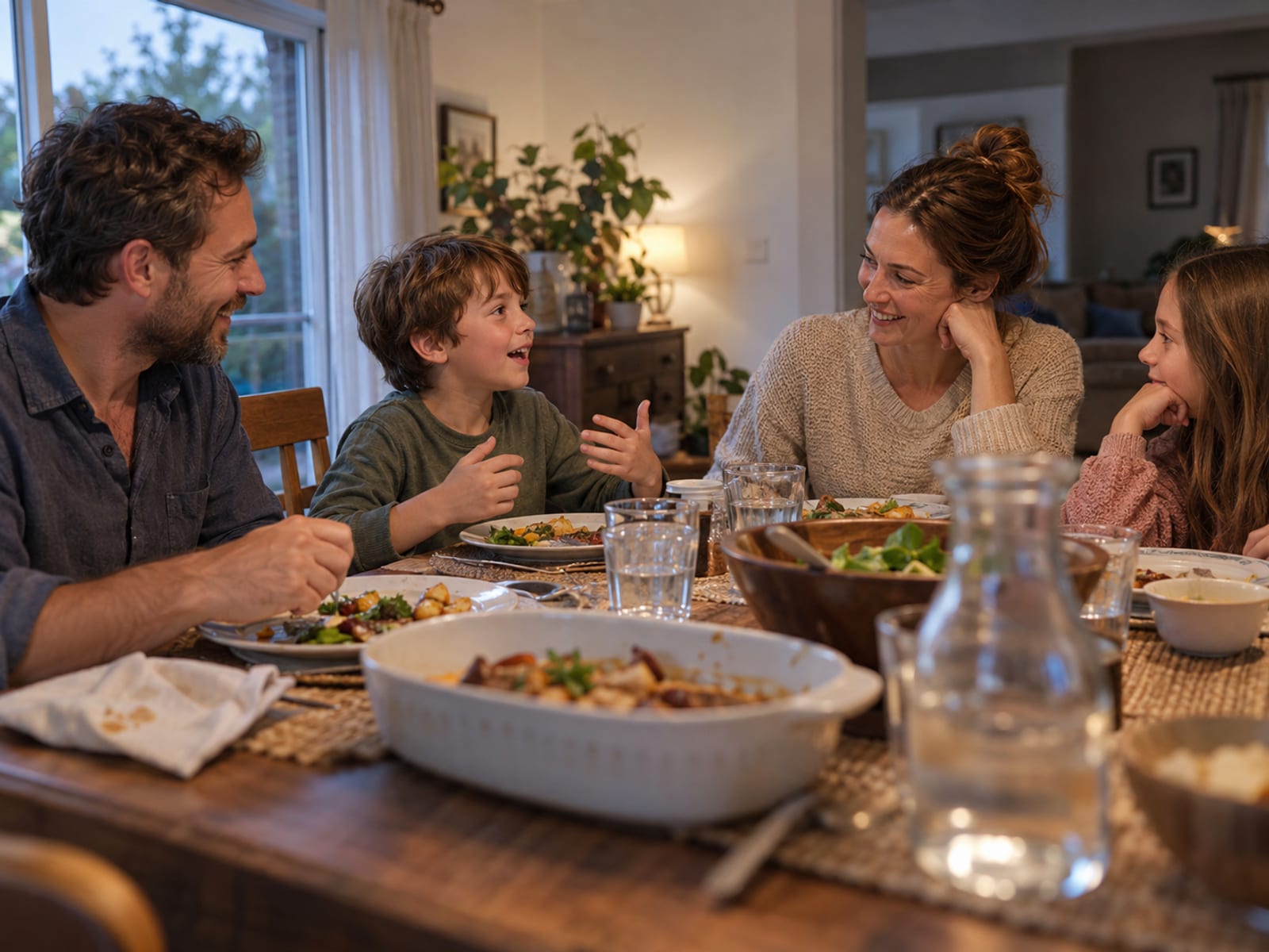 A family sharing one good thing from their day at dinner