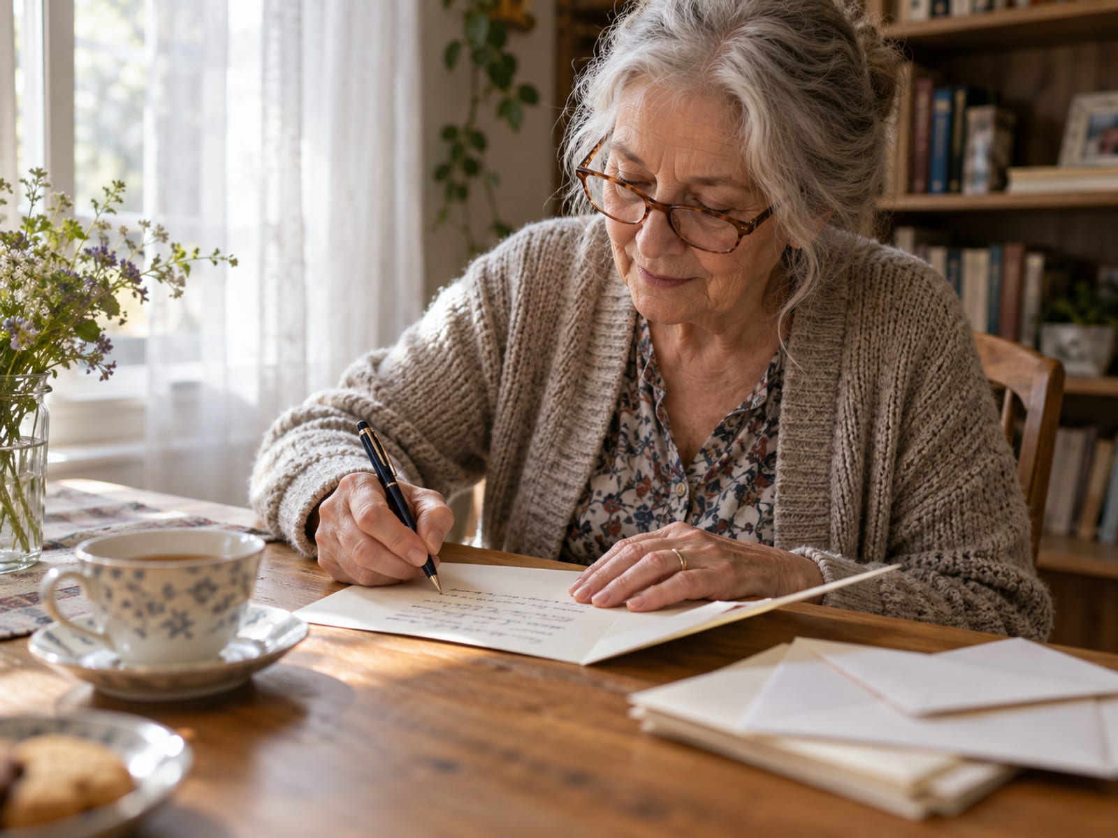 An older woman writing a thank-you card by the window