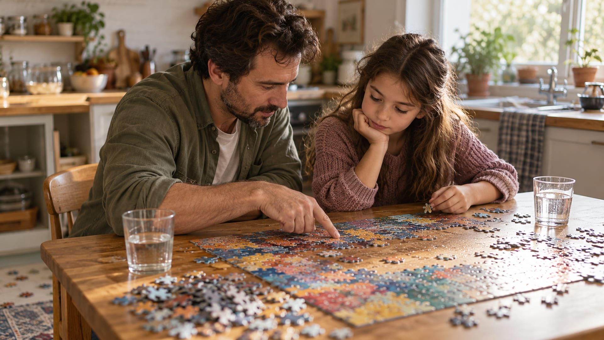 A father and daughter working through a puzzle together at the kitchen table