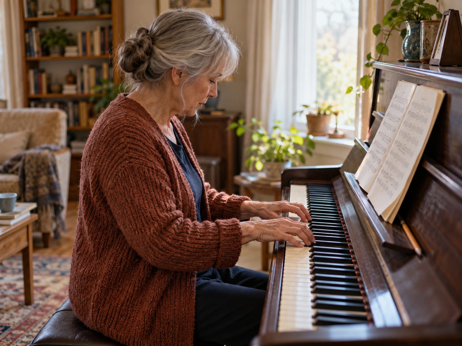 A woman in her sixties practicing piano scales at home