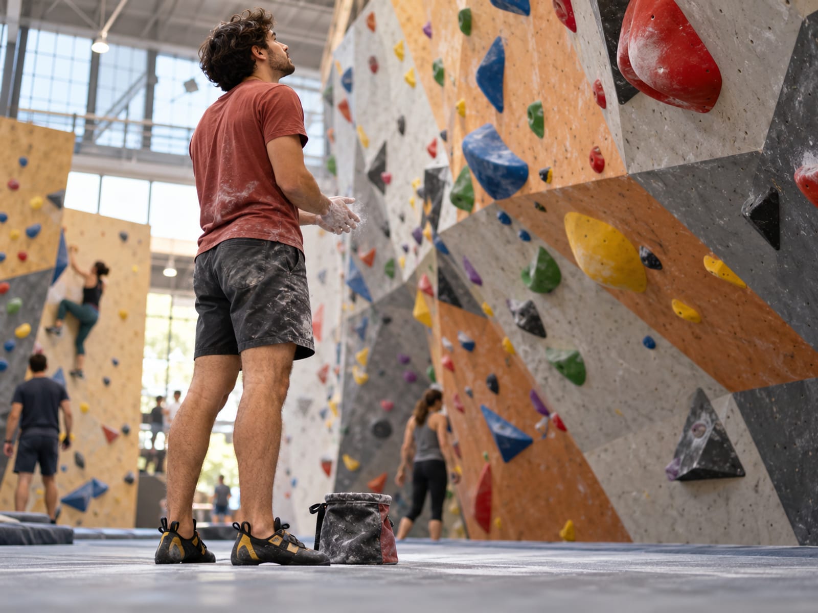 A young man studying a climbing wall before trying the route again