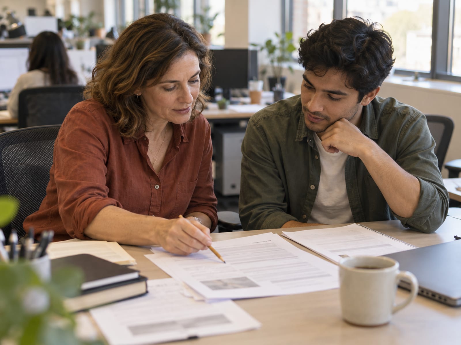 A manager and an employee going over a draft together at a desk
