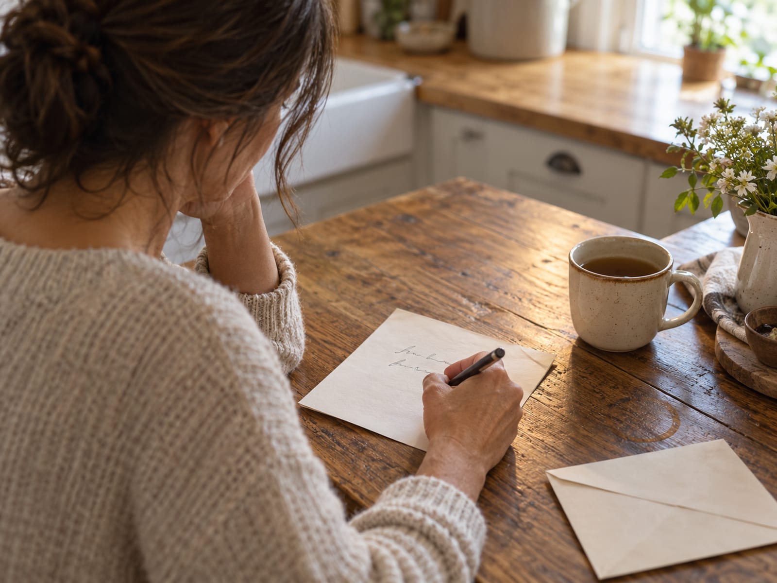 Una mujer escribiendo una nota corta a mano en la mesa de la cocina