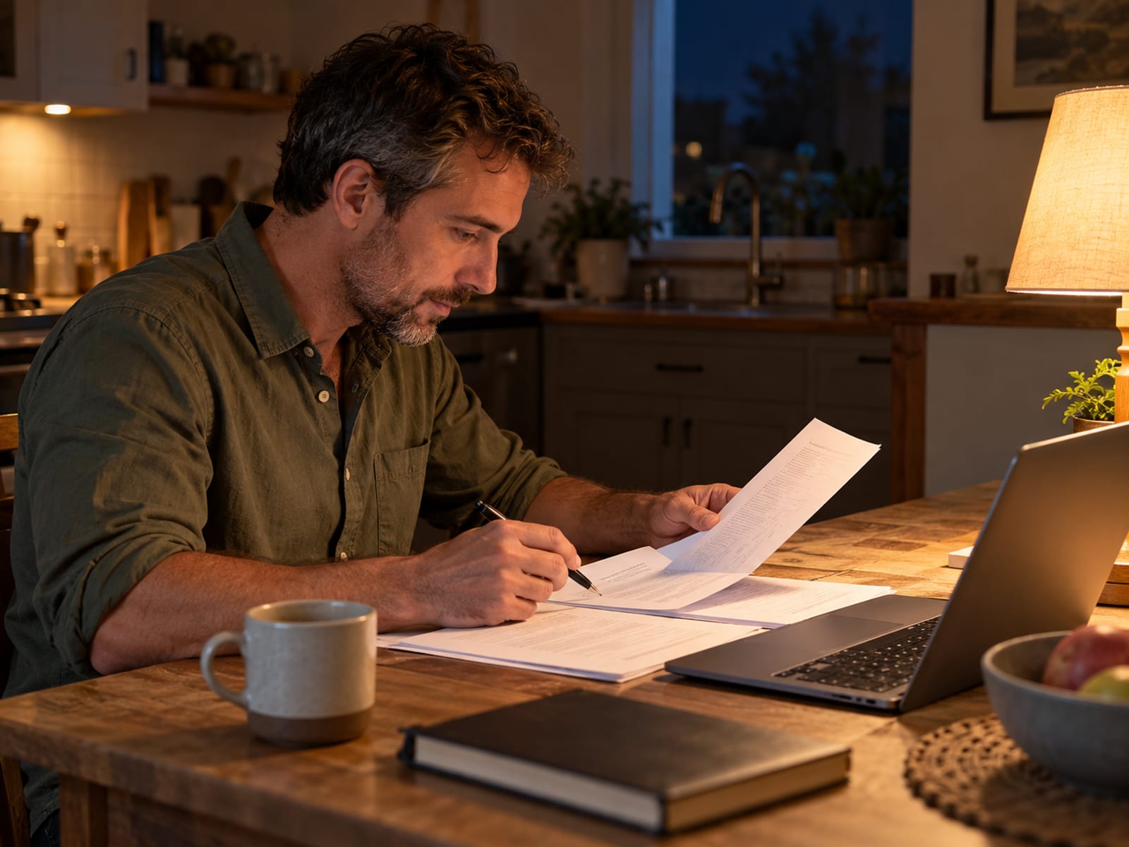 A man reviewing a list of his work results at the kitchen table