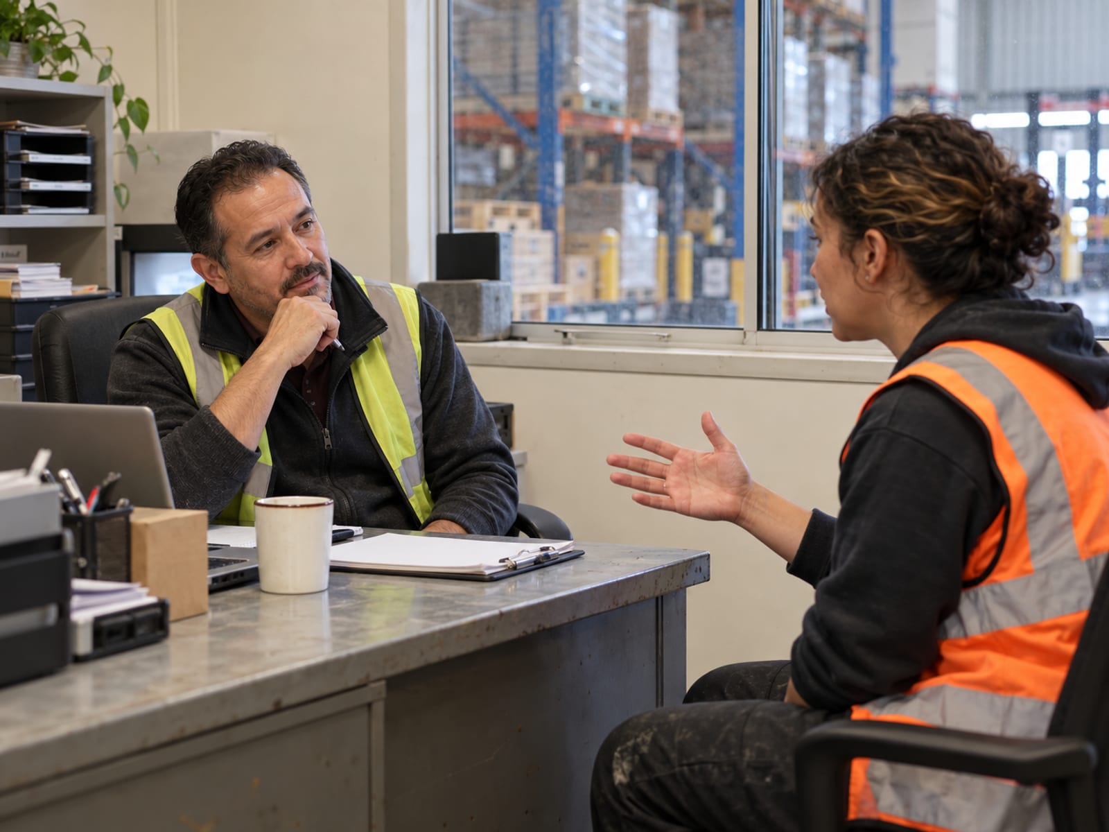 A warehouse worker talking with a supervisor in the office