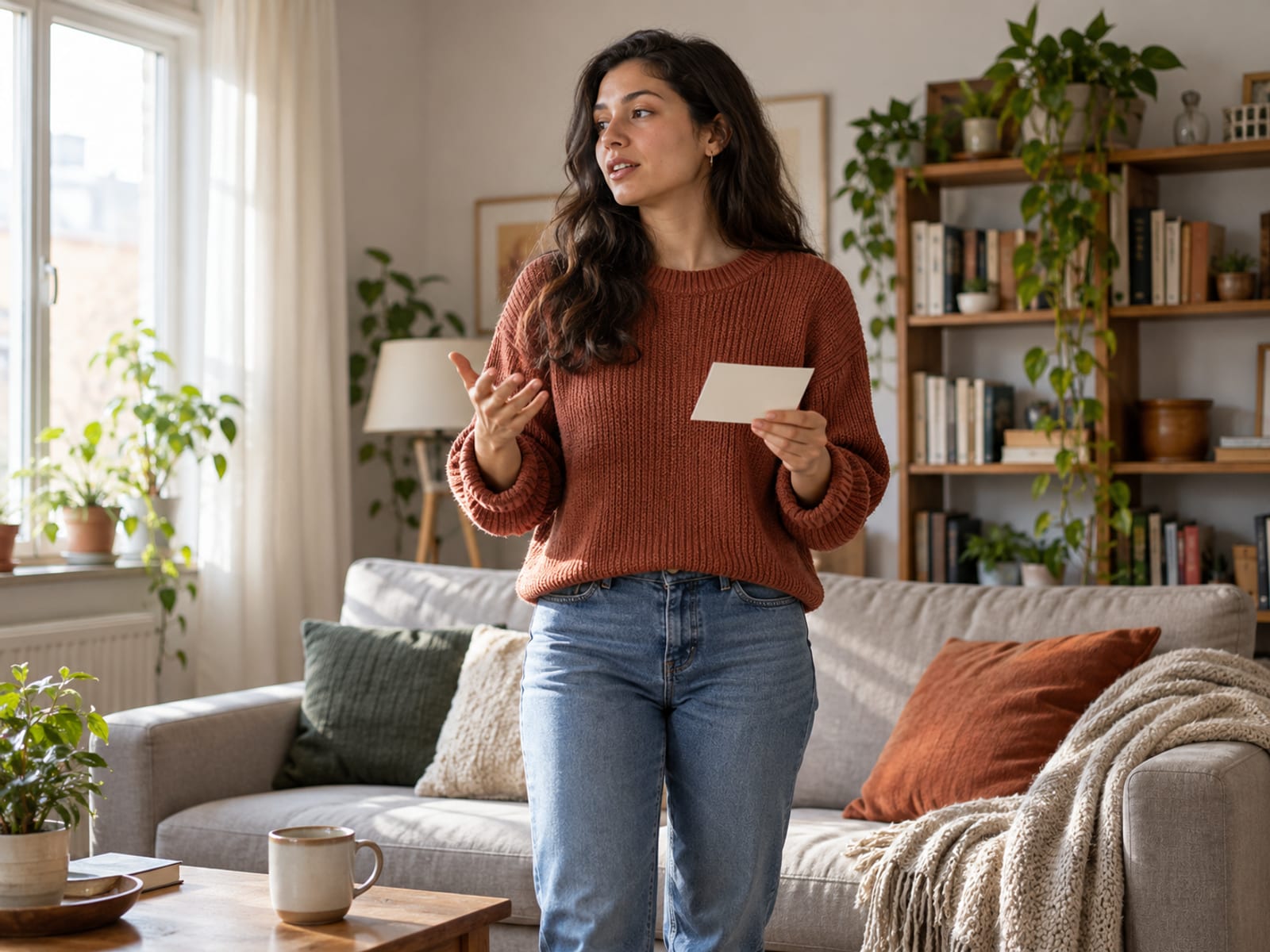 A woman practising what she will say out loud at home