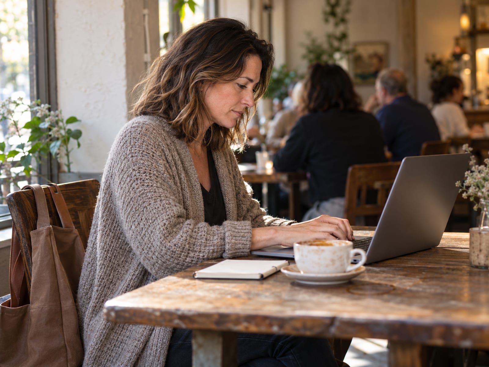 A woman writing a short email on her laptop at a café table