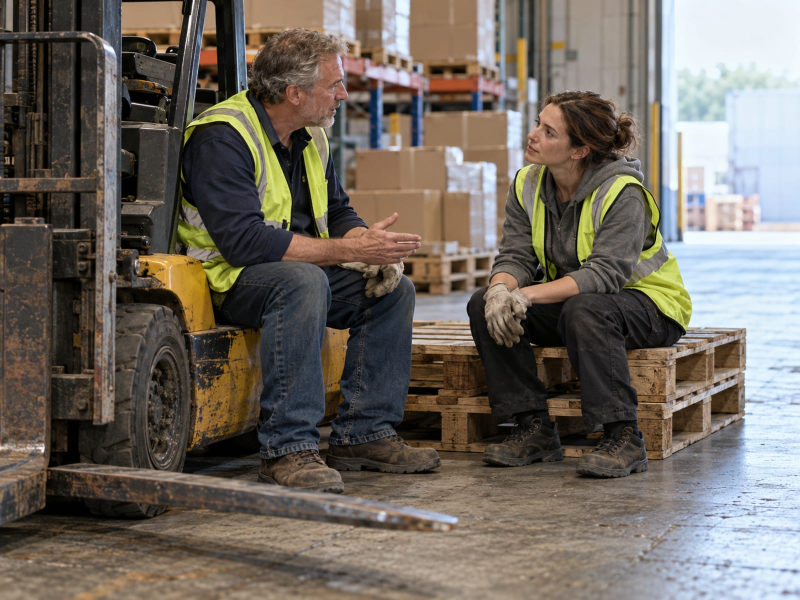Two warehouse coworkers talking beside a forklift at the end of a shift