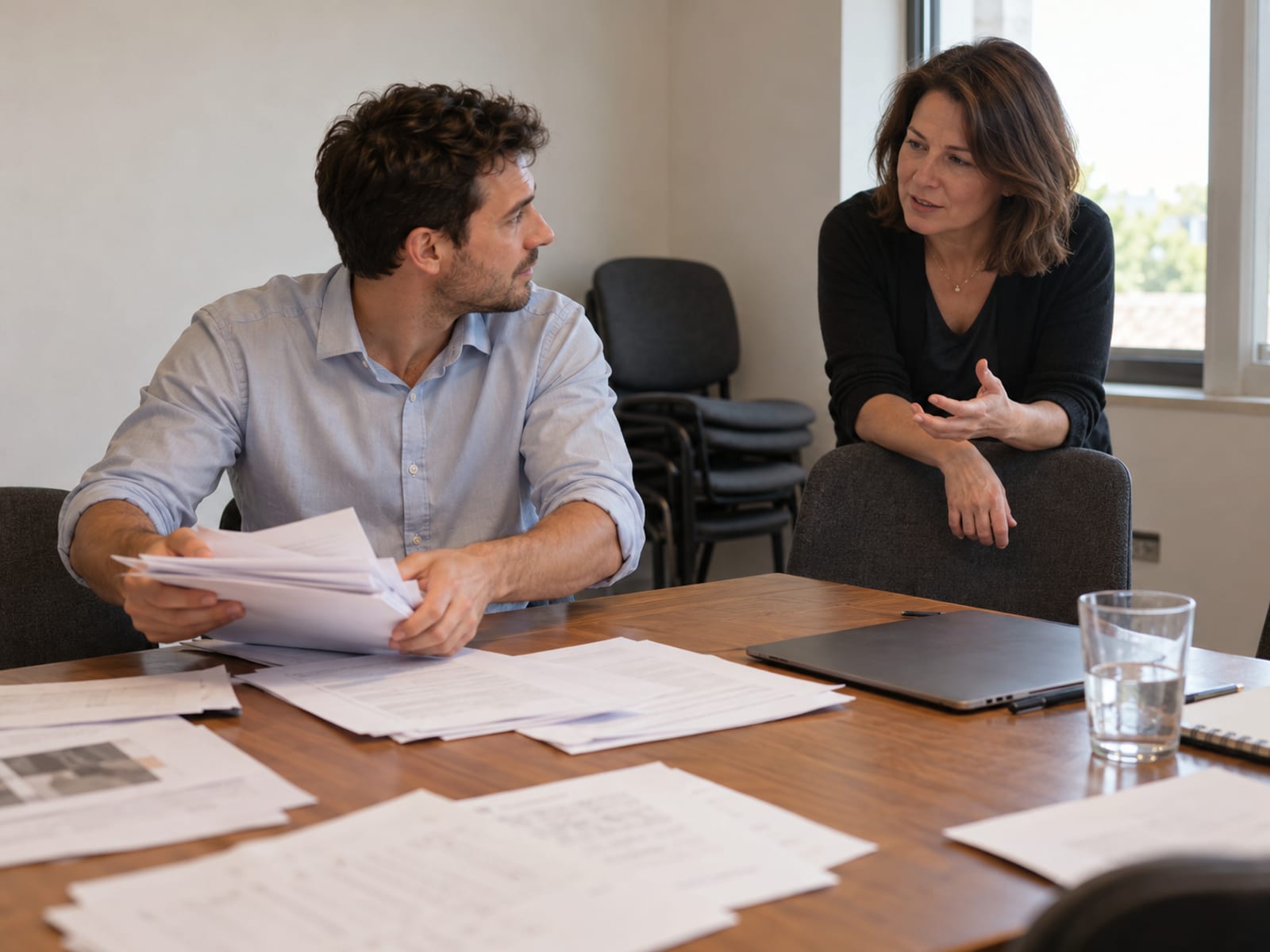 A colleague offering a comment as a man gathers his papers after a presentation