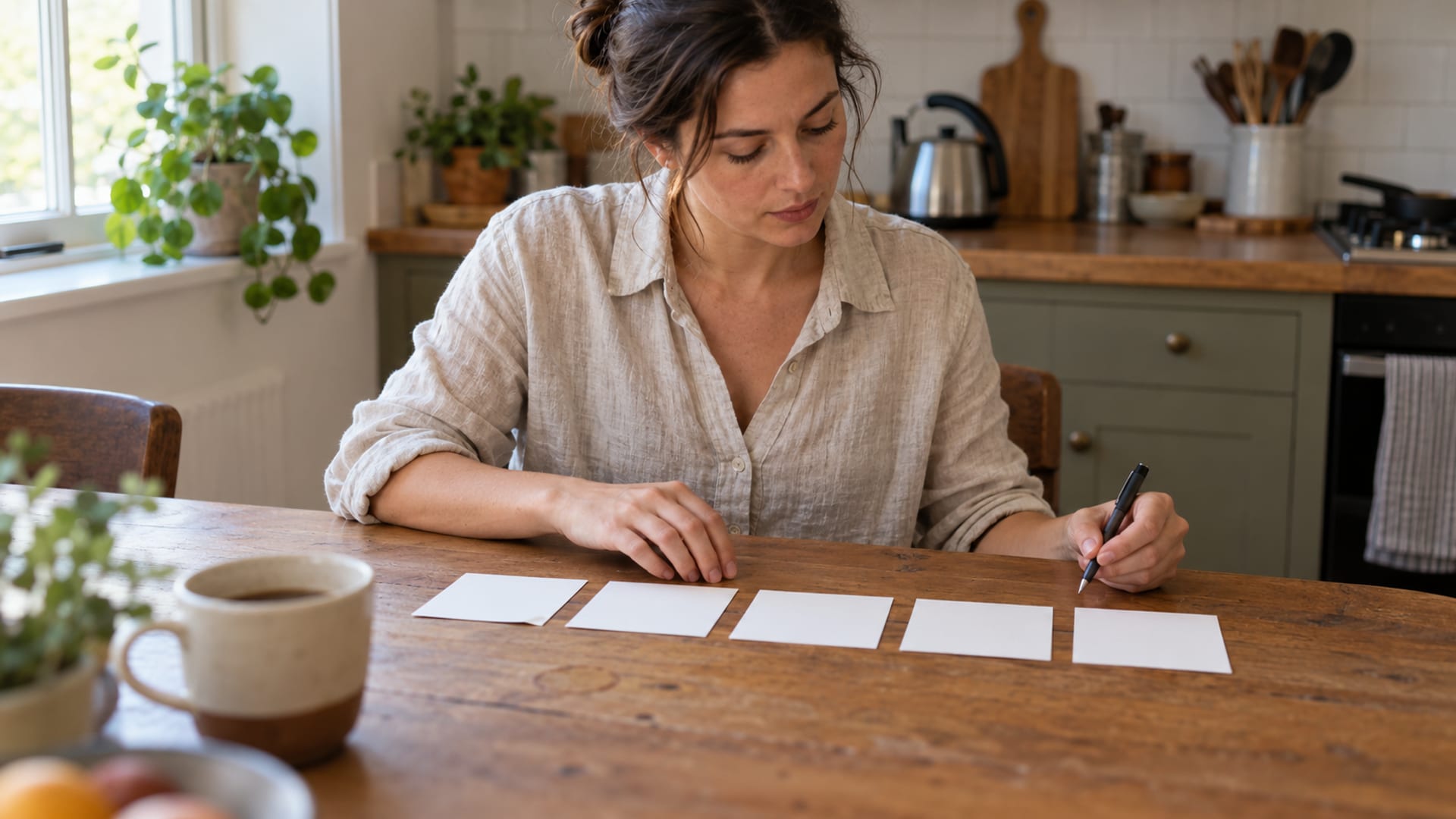 Una mujer ordenando tarjetas en fila como pasos en la mesa de la cocina