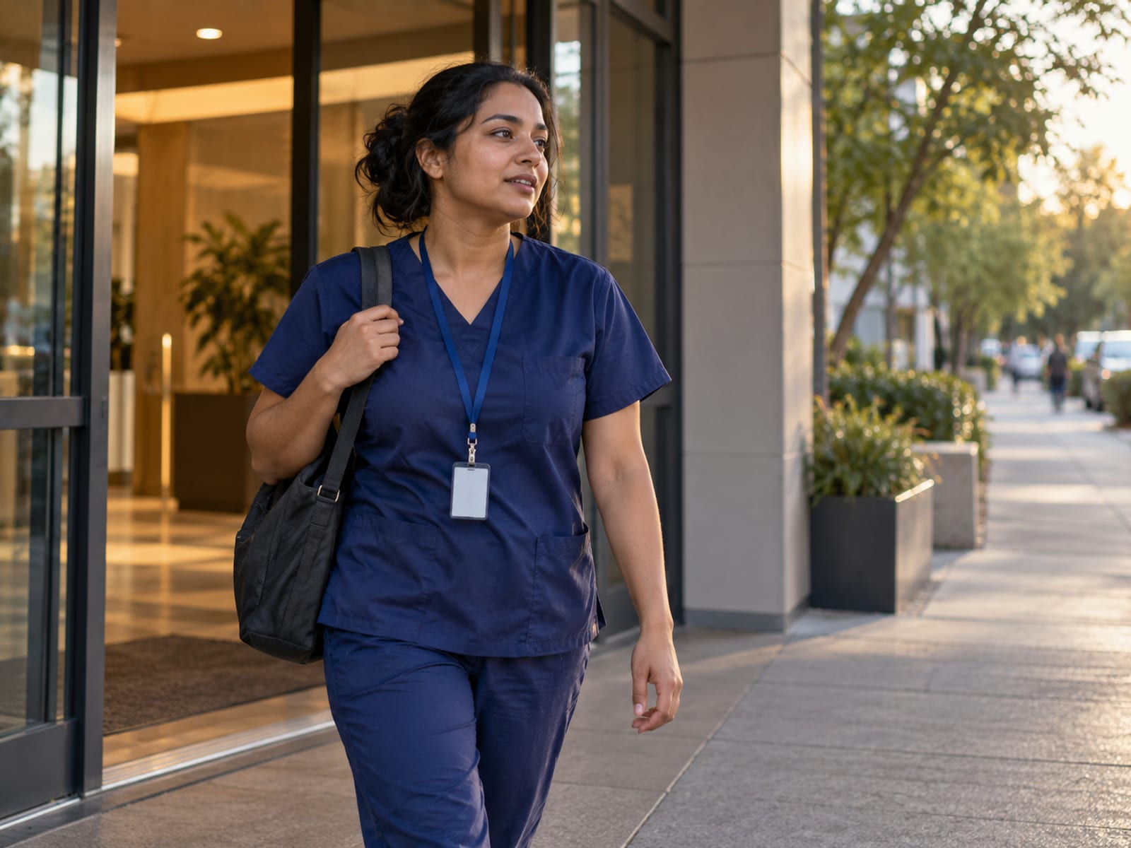 A nurse heading out for a short walk at the end of her shift