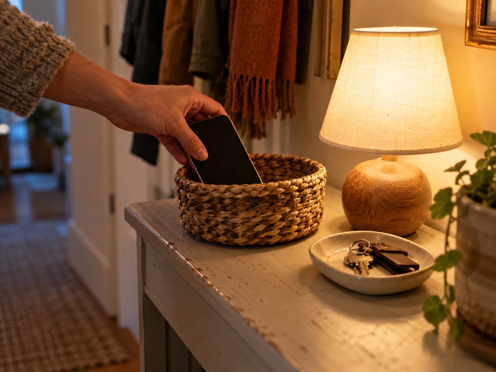 A hand placing a phone in a basket on the hallway shelf at night