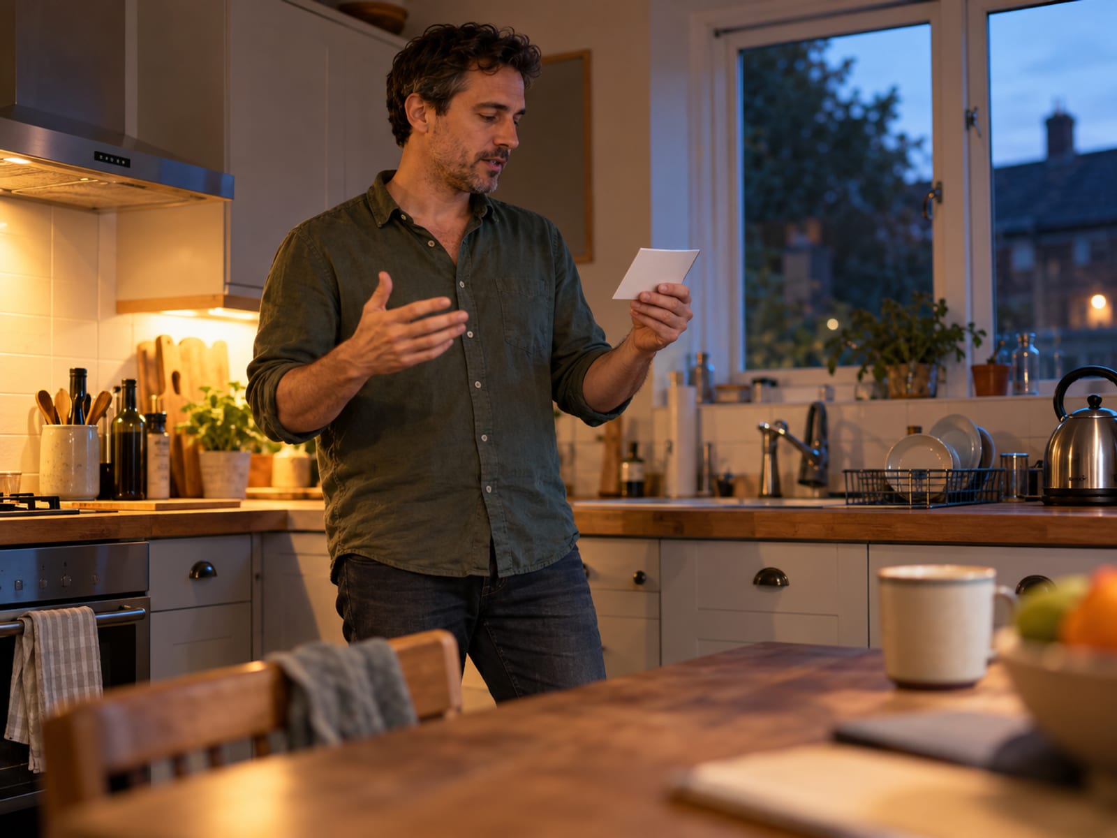 A man practising a short talk out loud in his kitchen
