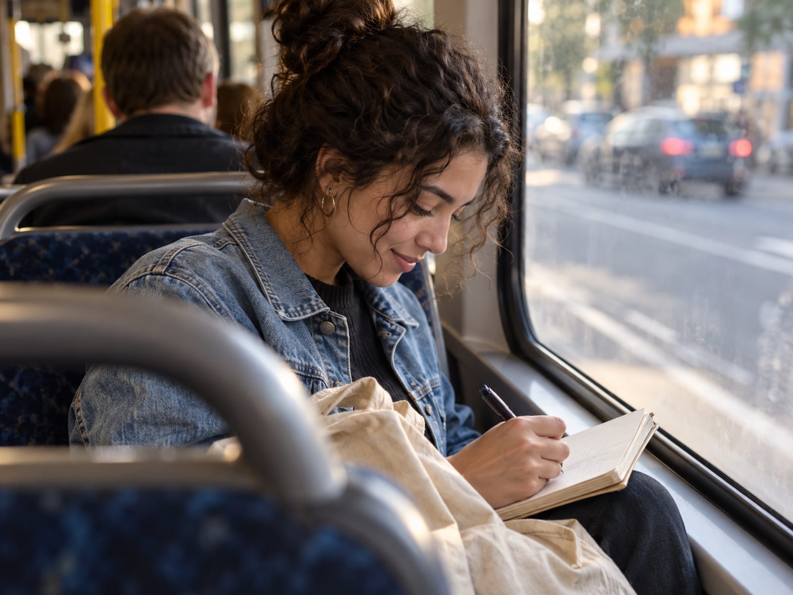 A young woman writing a few lines in a notebook on the bus home