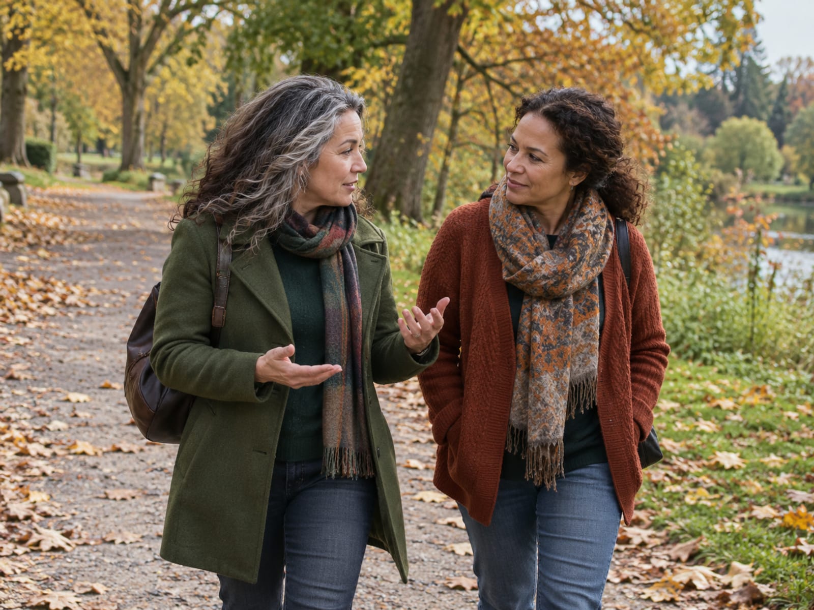 Two friends walking and talking together in a park