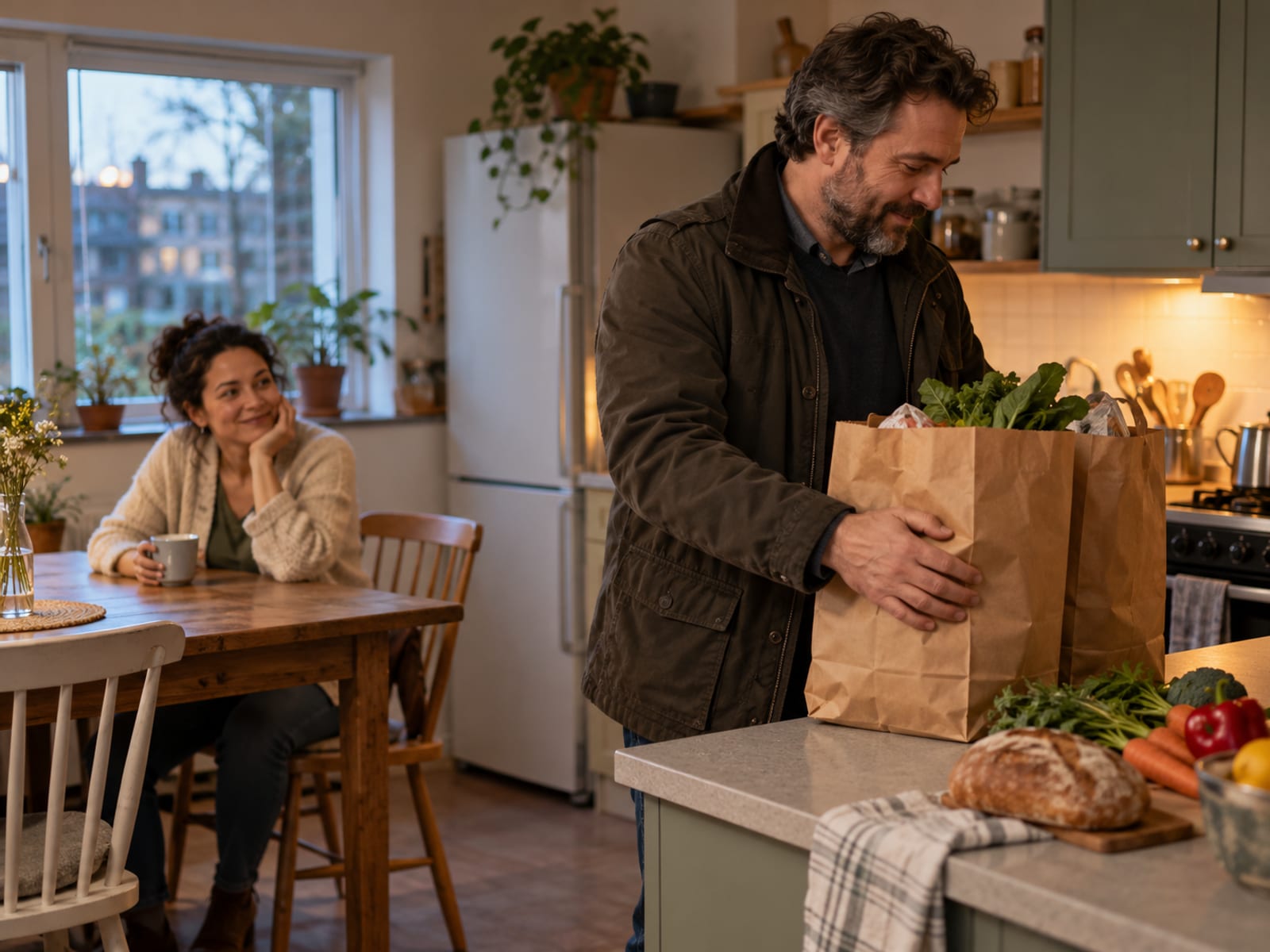 Un hombre llegando a casa a tiempo con las compras que prometió