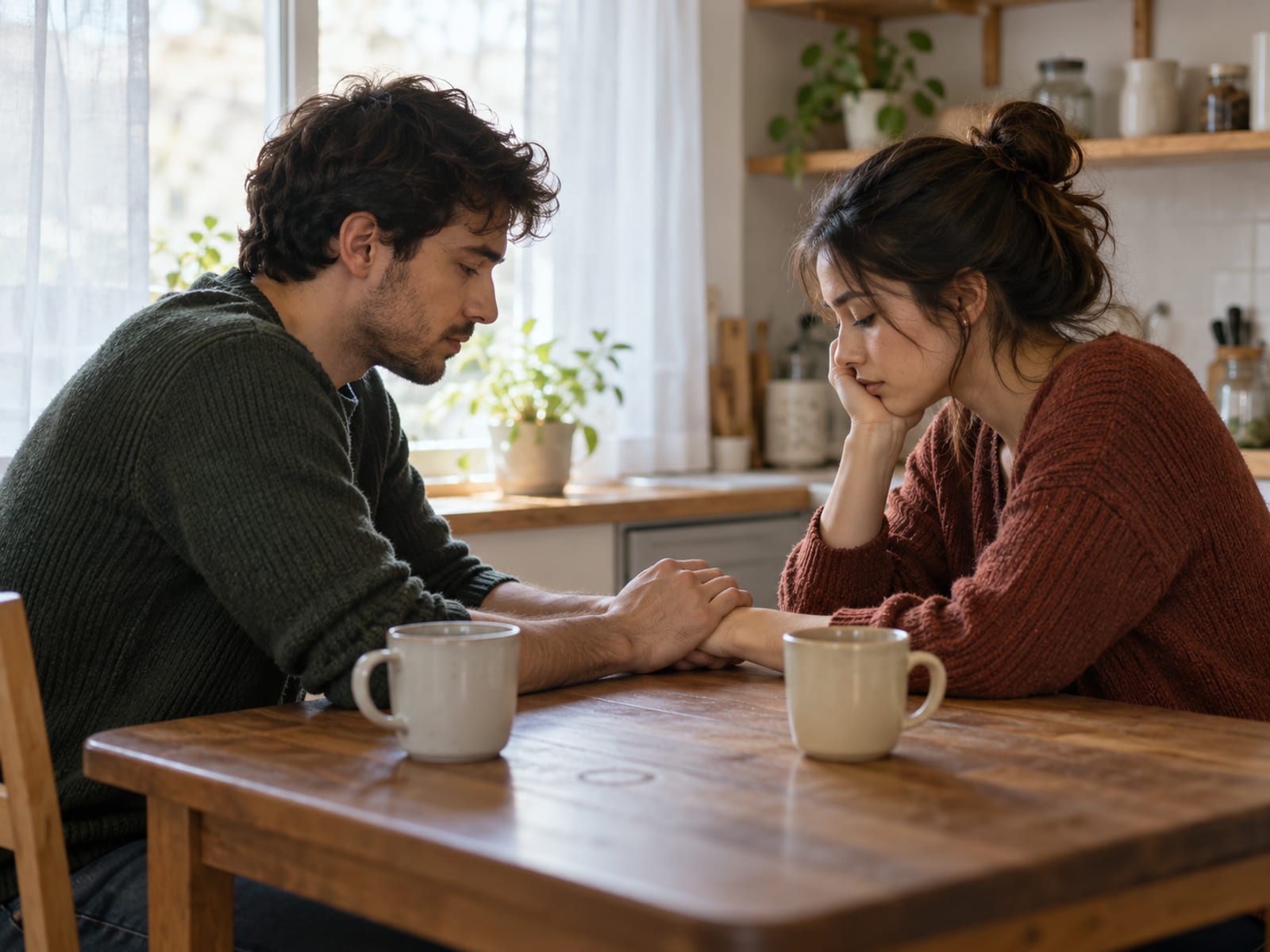 Una pareja joven tomándose de la mano en la mesa de la cocina después de una conversación difícil