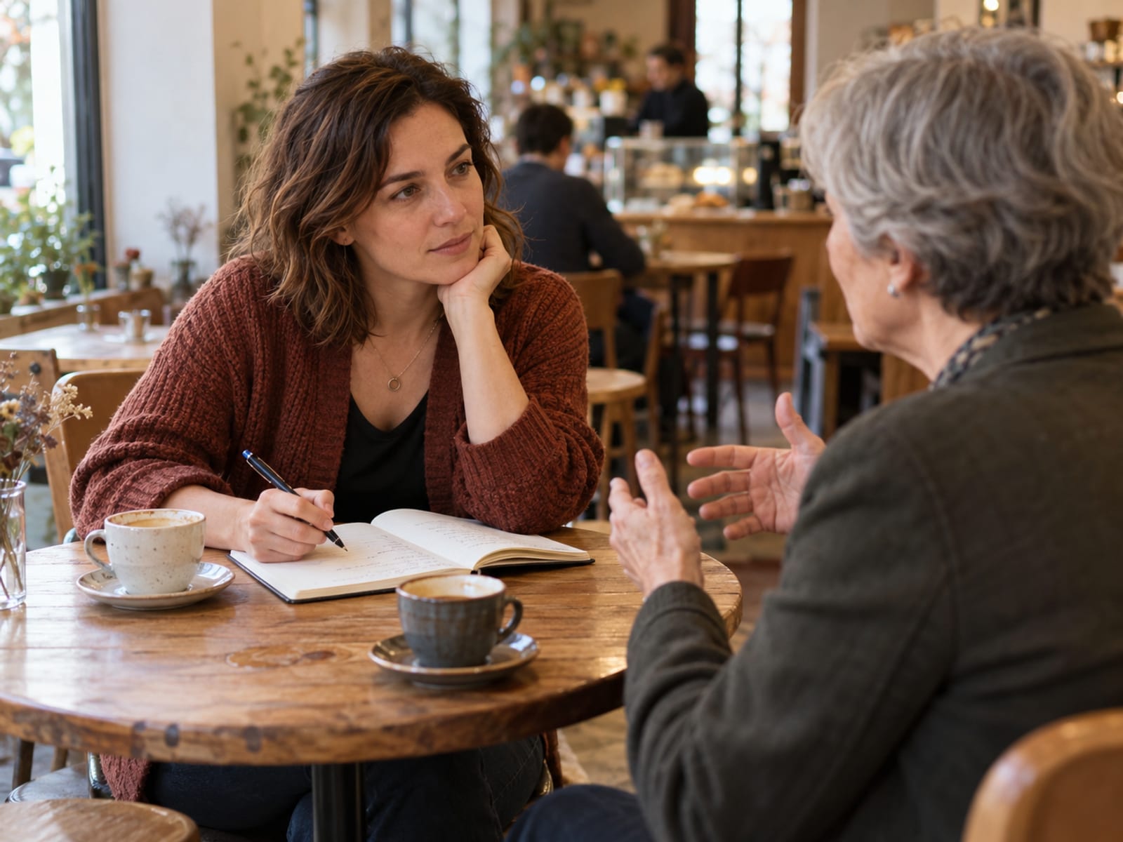 A woman asking an experienced professional questions over coffee