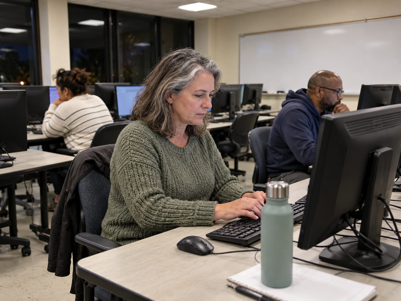 A woman in her fifties at an evening class with other adult learners