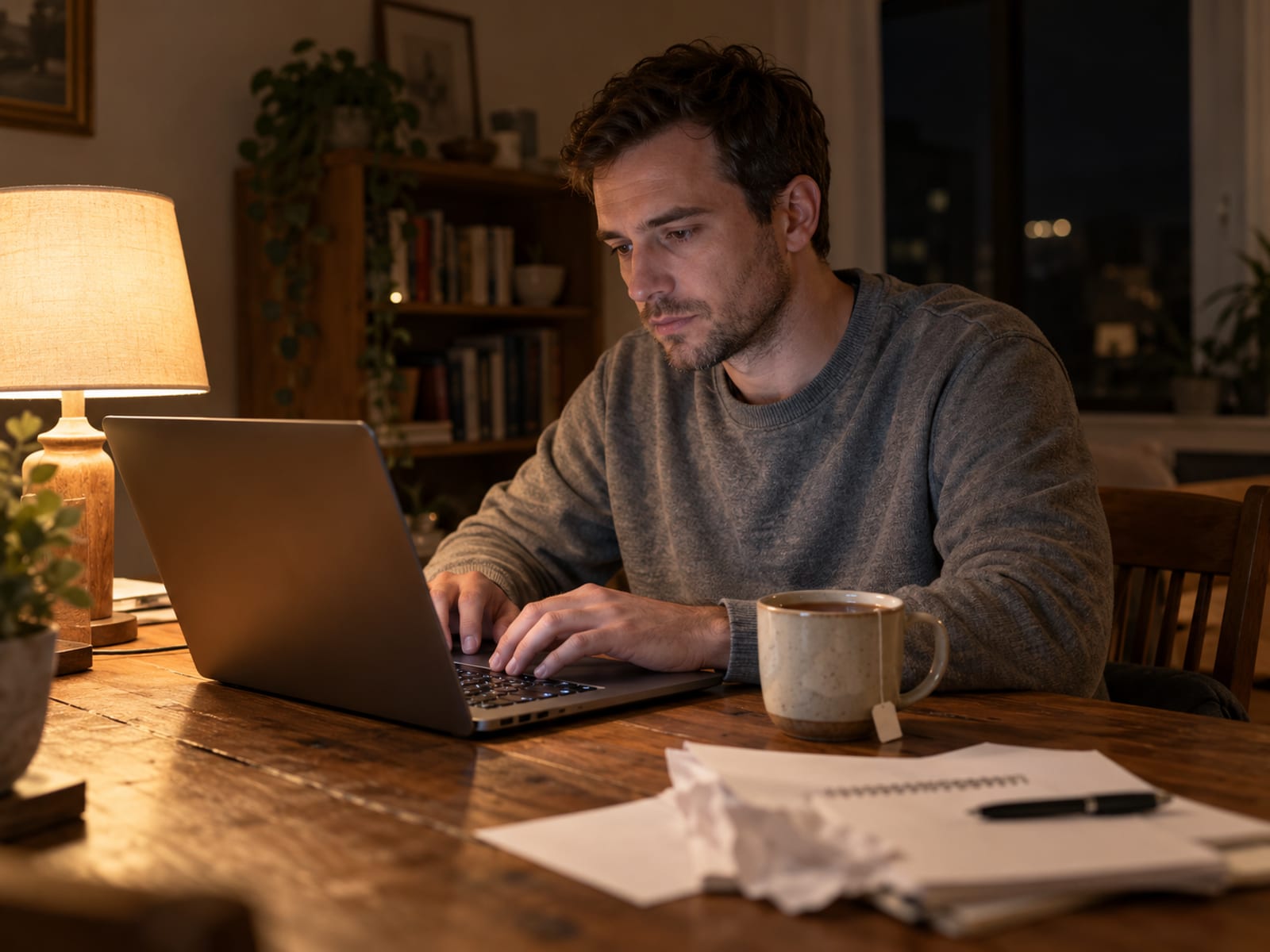 A man updating his resume on a laptop at night