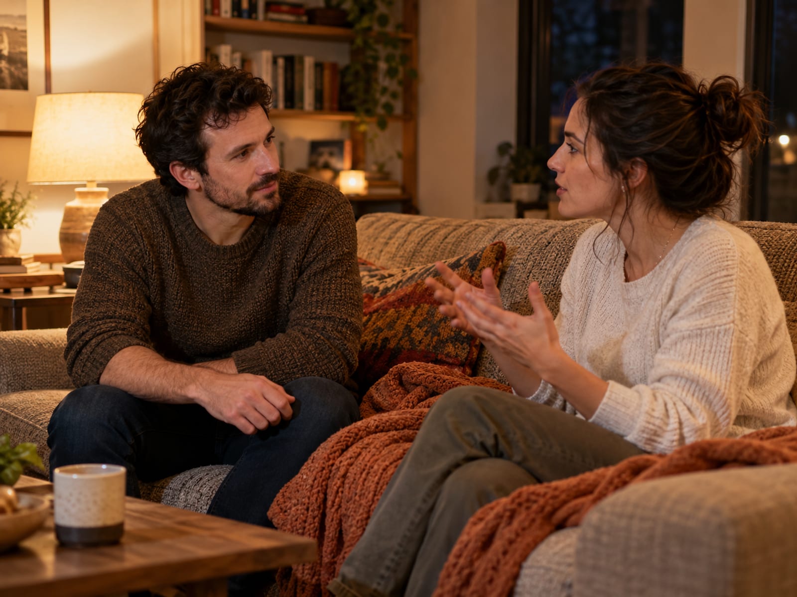 Un hombre escuchando con atención a su pareja en el sofá