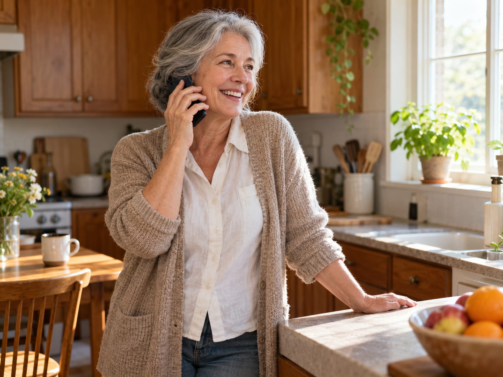 Una mujer sonriendo durante una llamada en su cocina