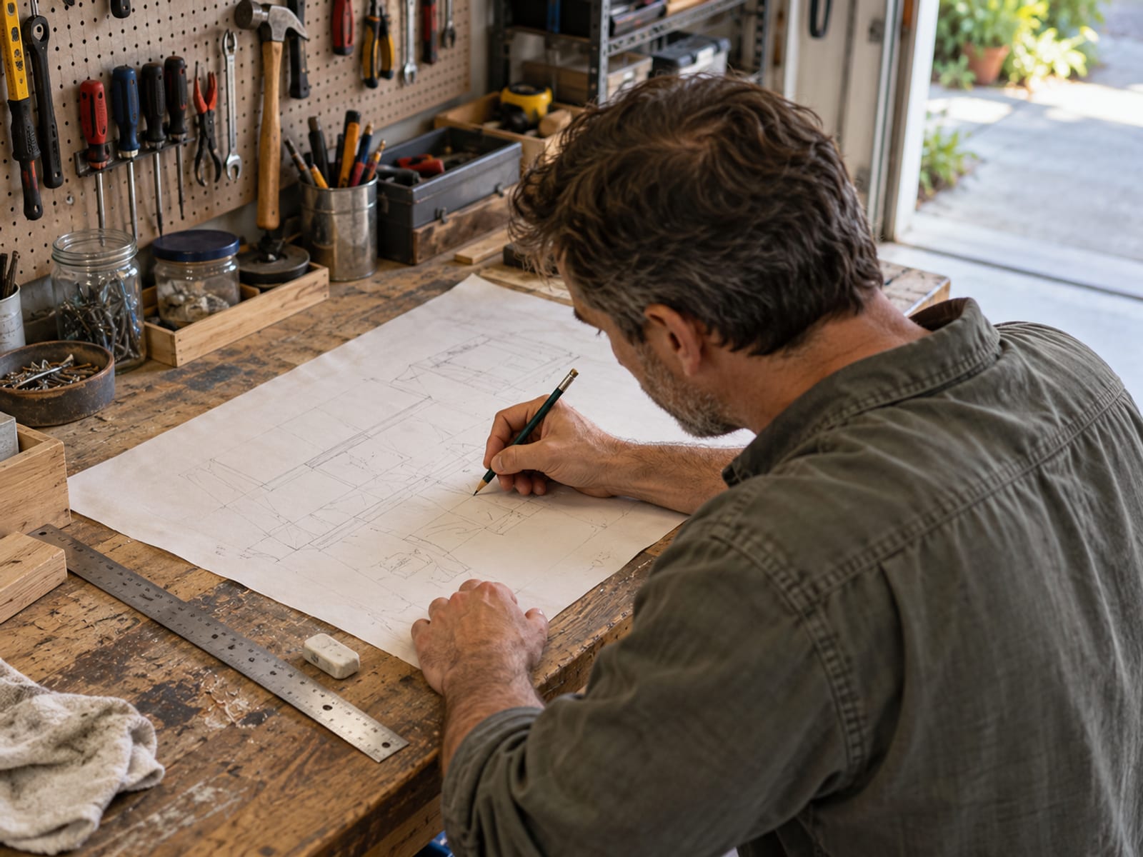 A man sketching a rough plan on paper in his garage workshop