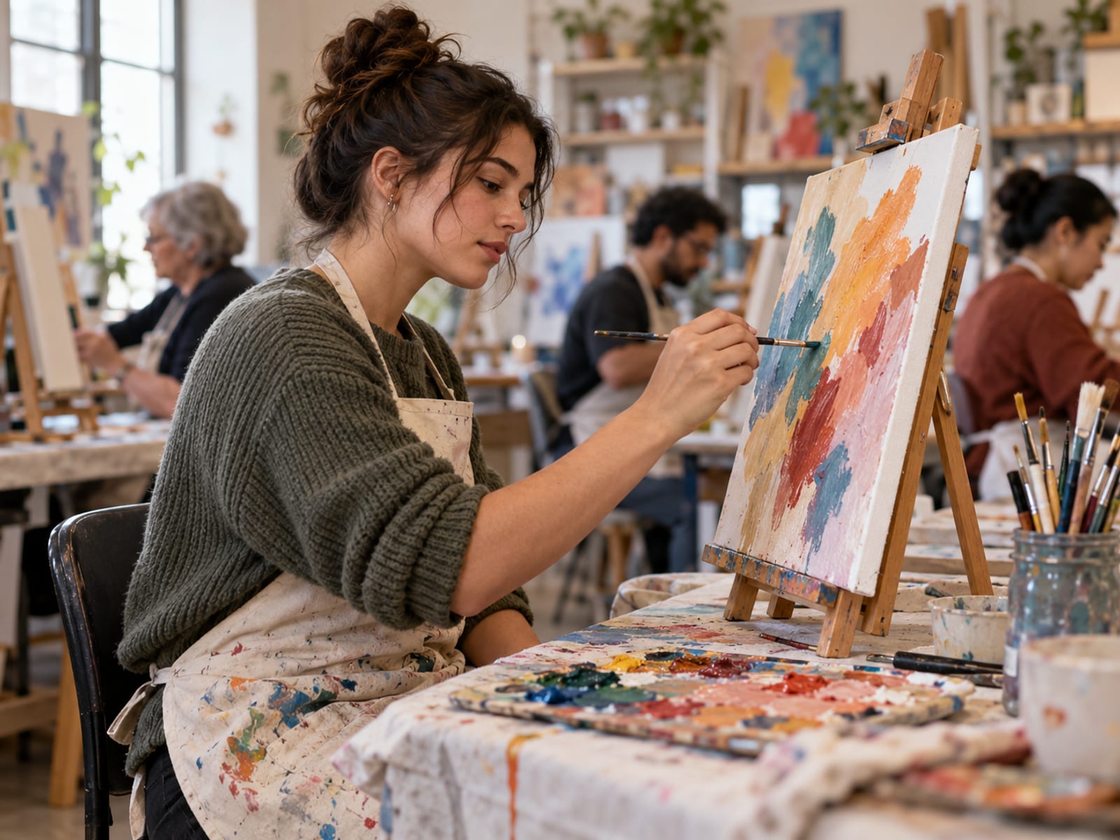 A young woman trying painting at a community art class
