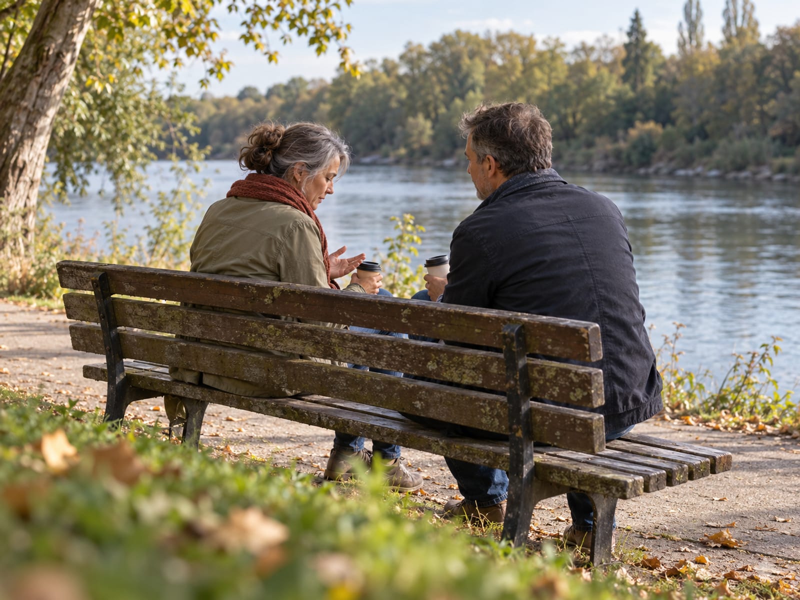 Two friends talking on a riverside bench after a setback