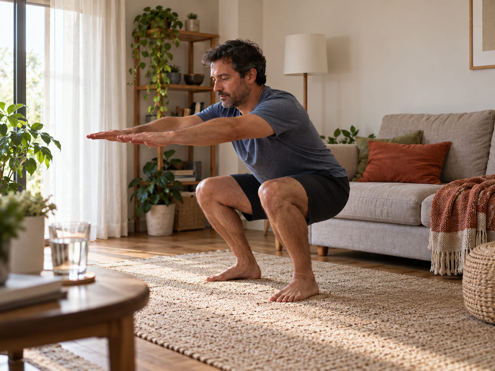 A man doing squats at home in his living room