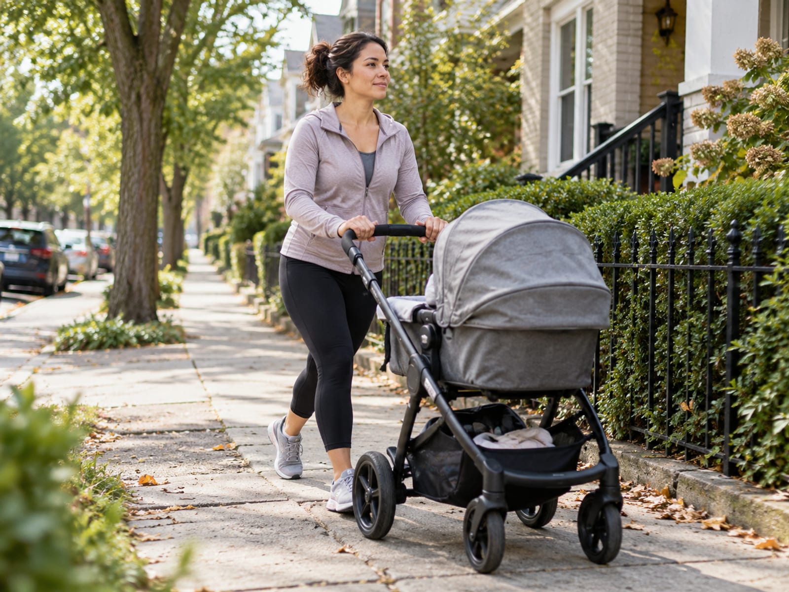 A mother walking briskly with a stroller in the morning