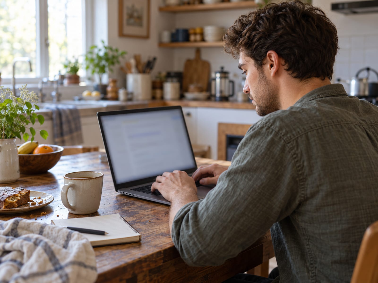 A man writing a short email on his laptop at the kitchen table