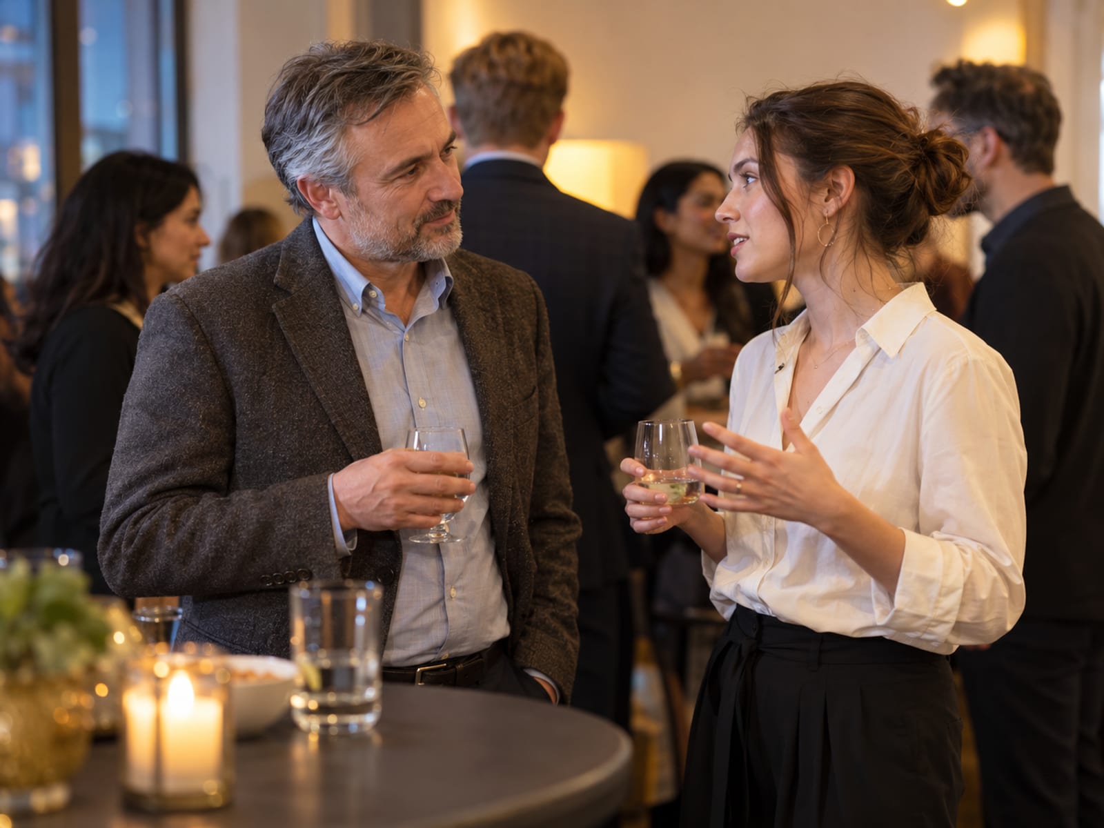 Two people of different ages talking at a professional event