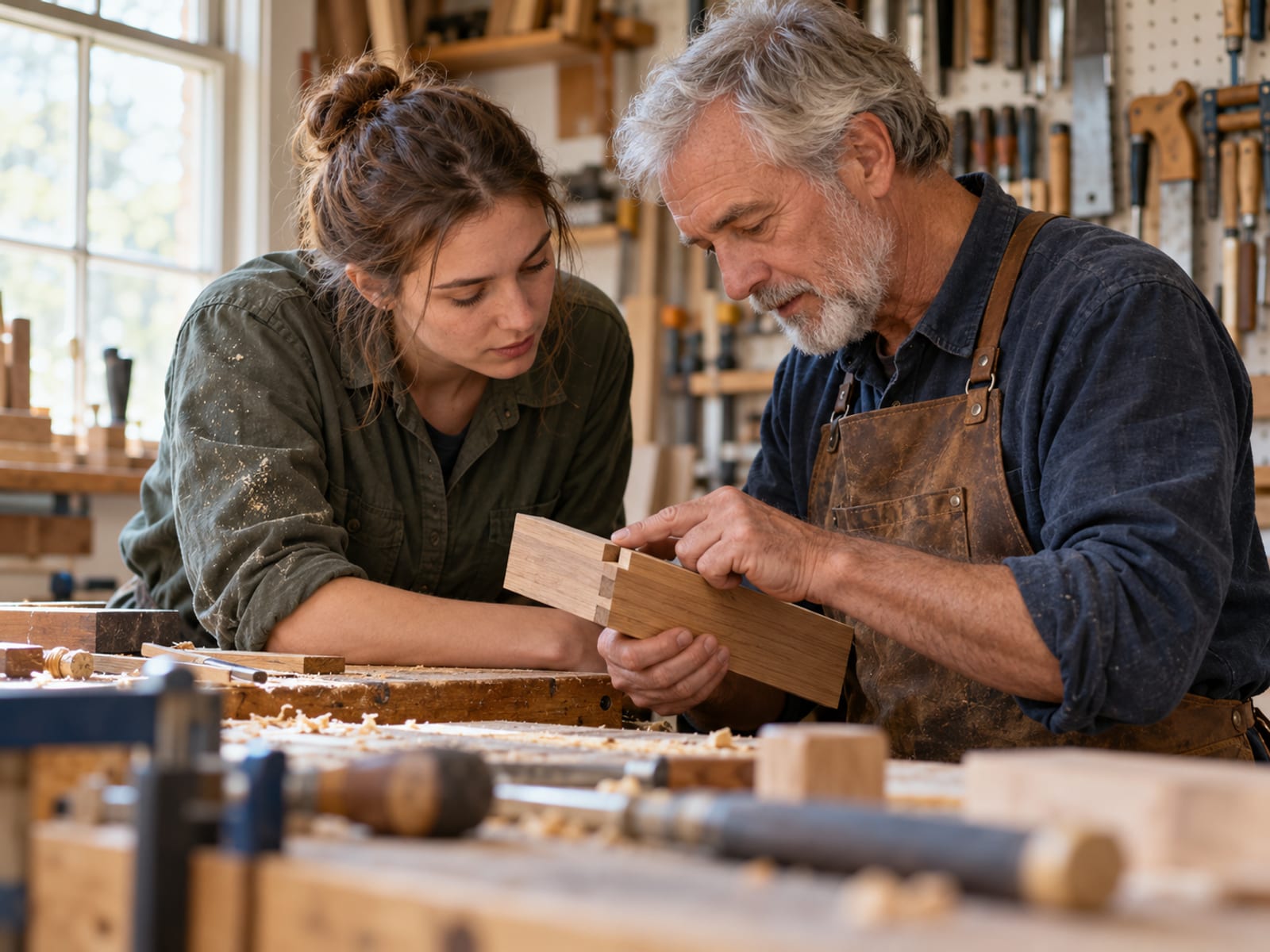 An experienced carpenter showing a younger worker how to check a joint