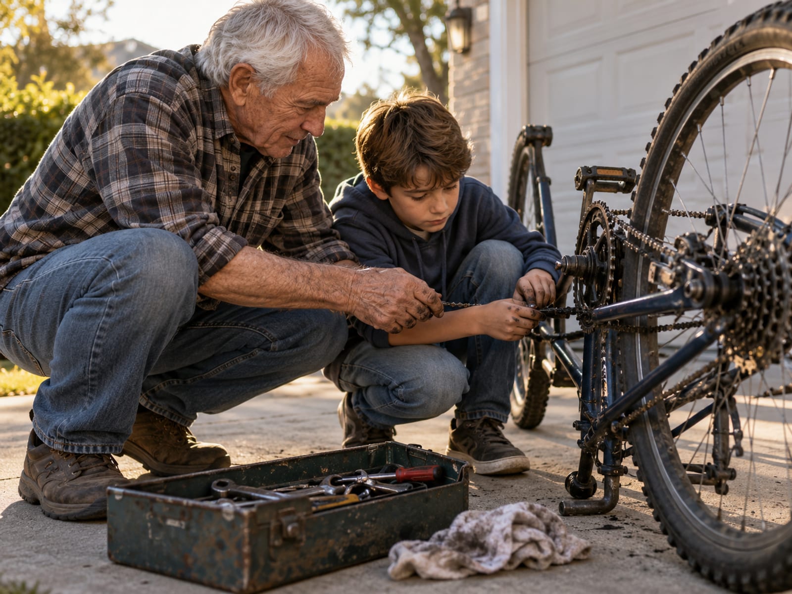 A grandfather showing a grandchild how to fix a bicycle chain