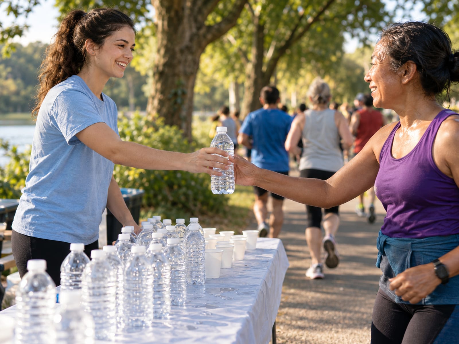 A volunteer handing out water at a community run